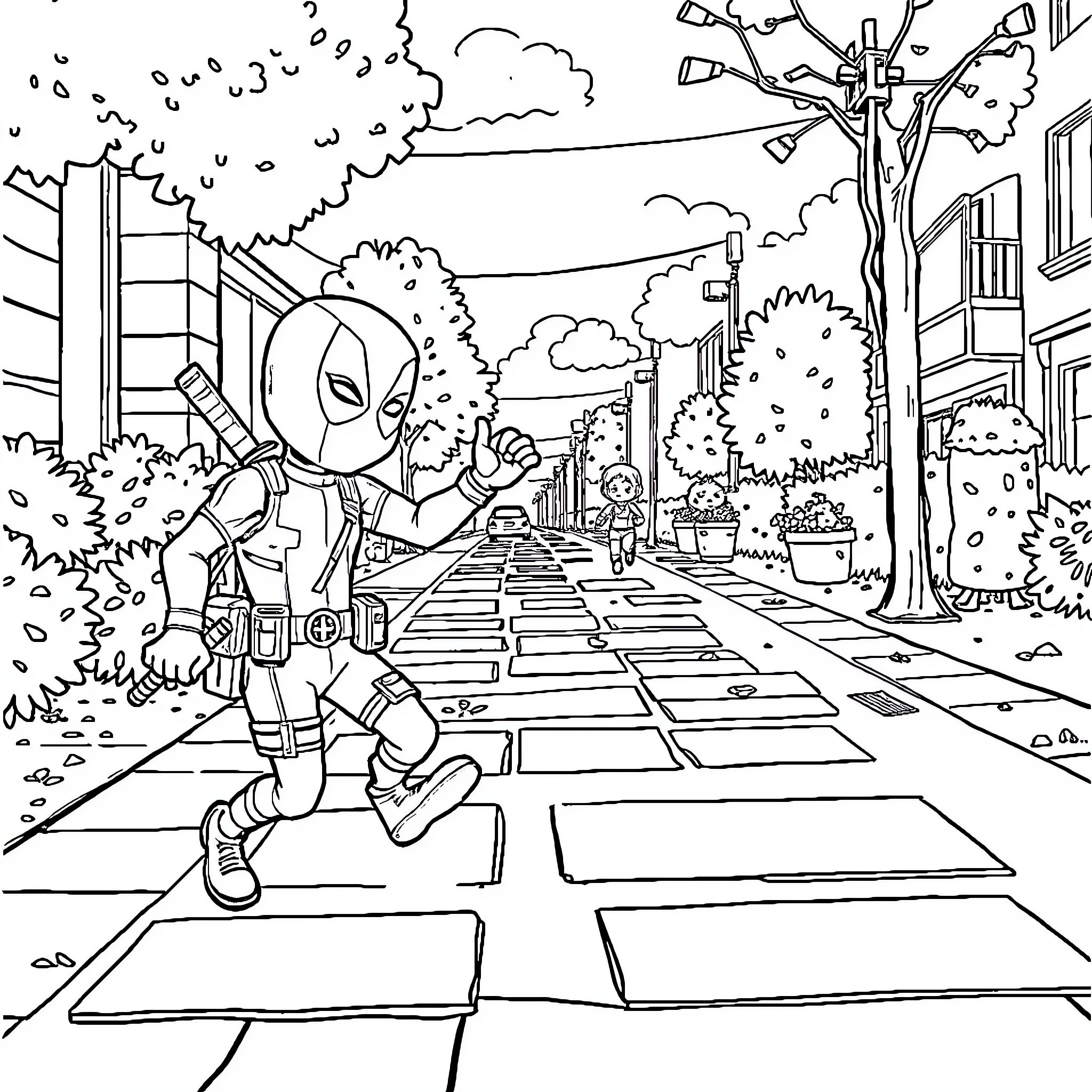 Deadpool's Outdoor Adventure Coloring Page (free black-and-white line drawing printable PDF for all, from beginners to advanced learners, including children, teens, adults, and seniors)
