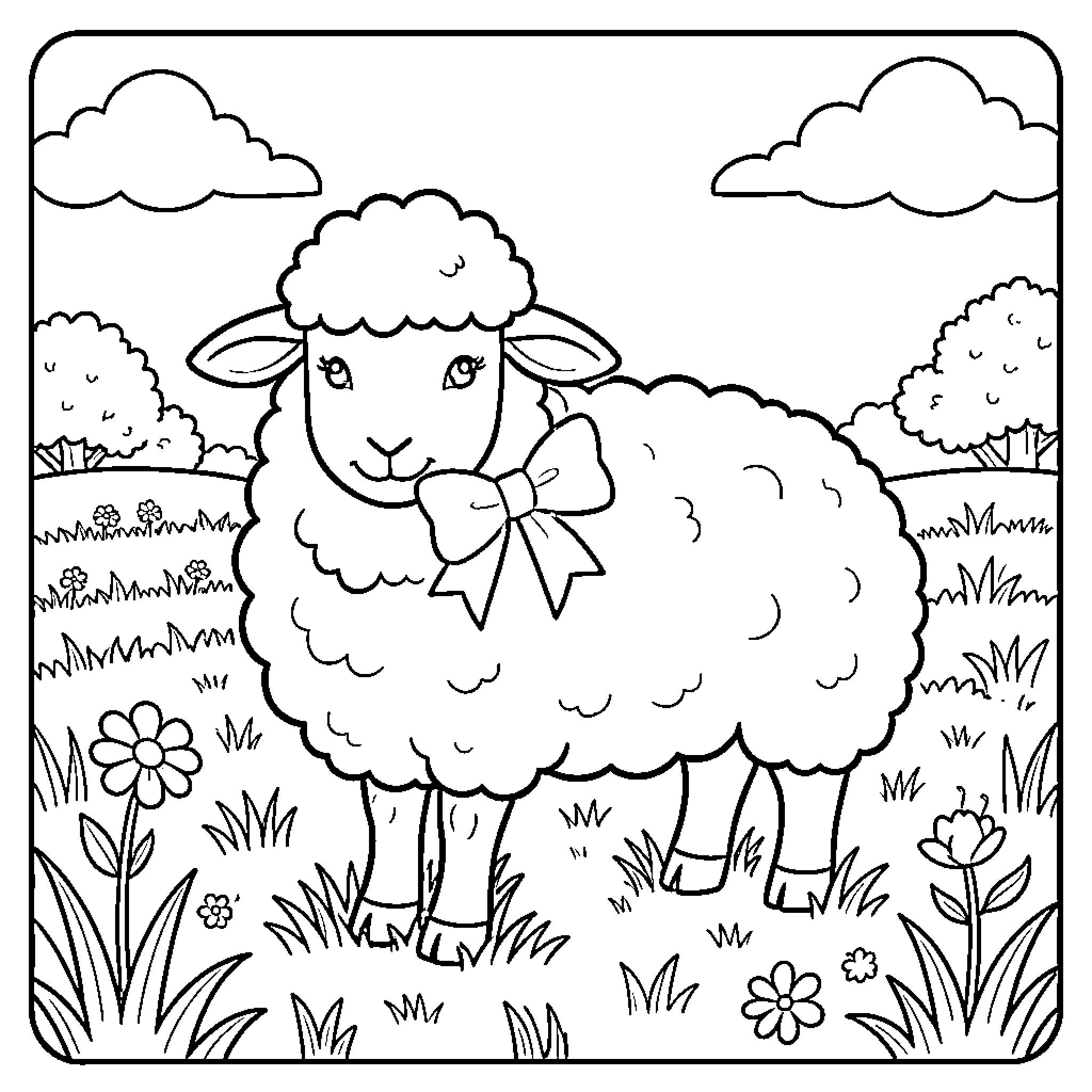 Sheep in a Peaceful Meadow Coloring Page (free black-and-white line drawing printable PDF for all, from beginners to advanced learners, including children, teens, adults, and seniors)