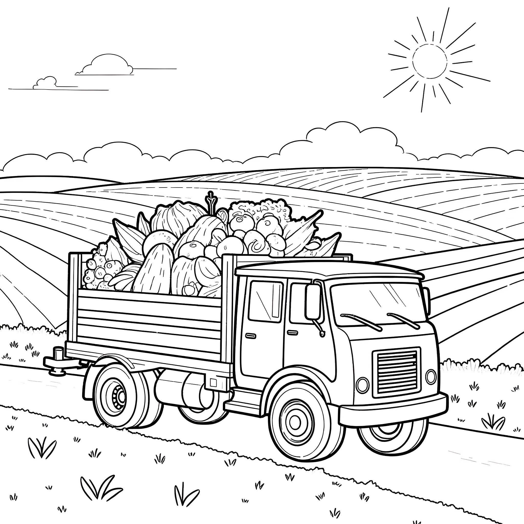 Truck Transporting Fresh Produce on a Countryside Road Coloring Page (free black-and-white line drawing printable PDF for all, from beginners to advanced learners, including children, teens, adults, and seniors)