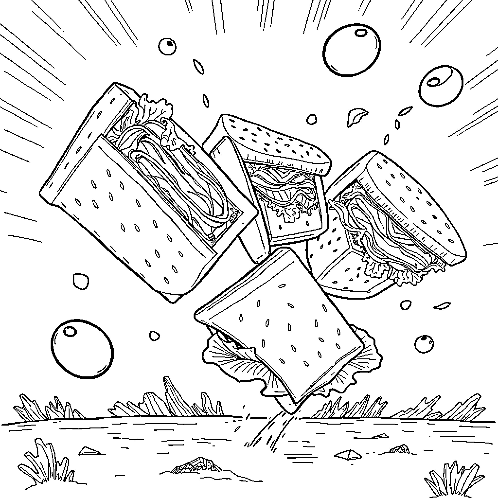 Sandwich soaring in the cosmic expanse Coloring Page (free black-and-white line drawing printable PDF for all, from beginners to advanced learners, including children, teens, adults, and seniors)