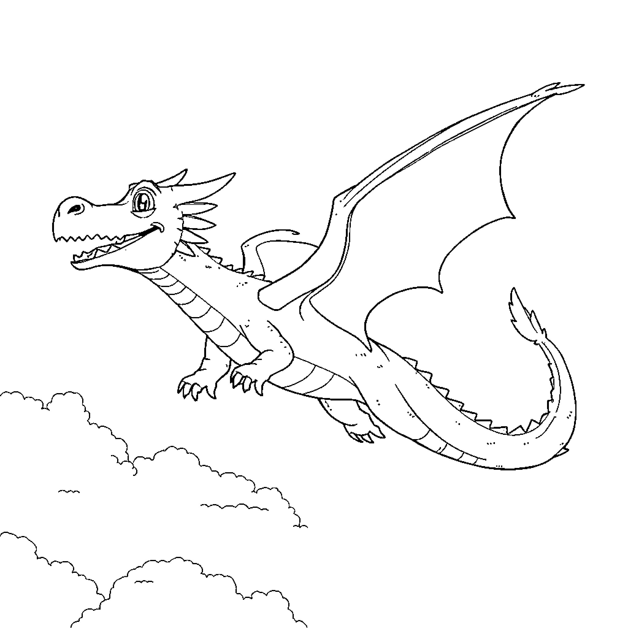 Dragon soaring through the skies Coloring Page (free black-and-white line drawing printable PDF for all, from beginners to advanced learners, including children, teens, adults, and seniors)