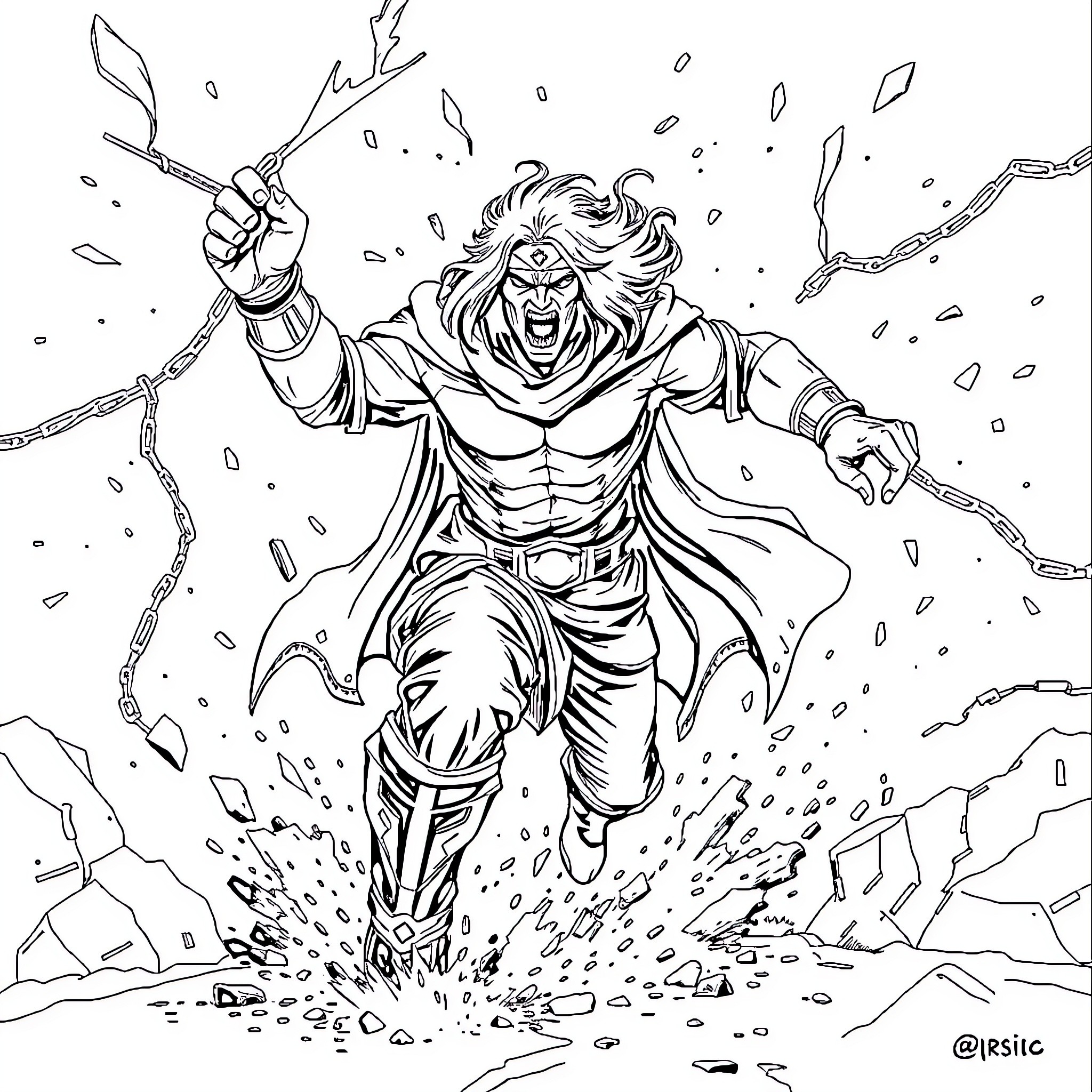 Figura of a Powerful Warrior Unleashing Destructive Force Coloring Page (free black-and-white line drawing printable PDF for all, from beginners to advanced learners, including children, teens, adults, and seniors)