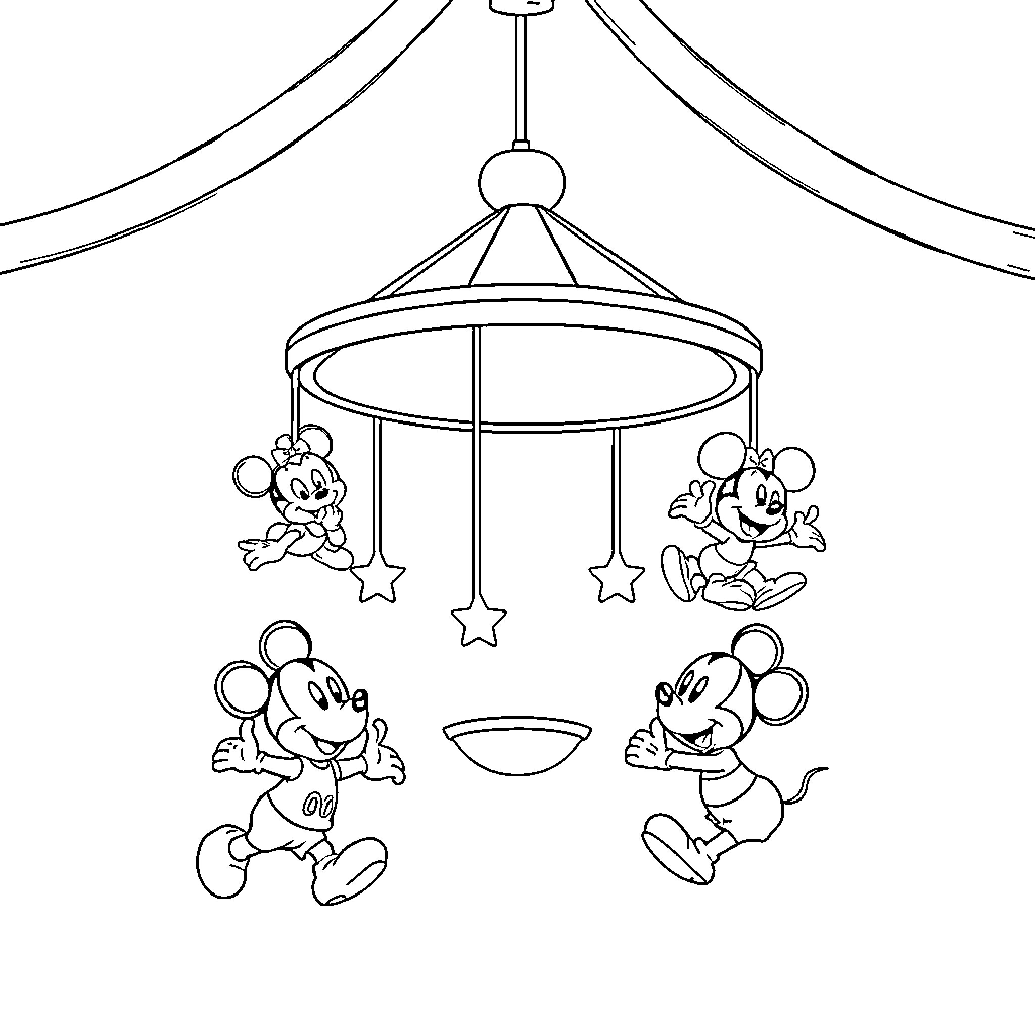 Mickey Mouse Baby Mobile with Playful Figurines Coloring Page (free black-and-white line drawing printable PDF for all, from beginners to advanced learners, including children, teens, adults, and seniors)