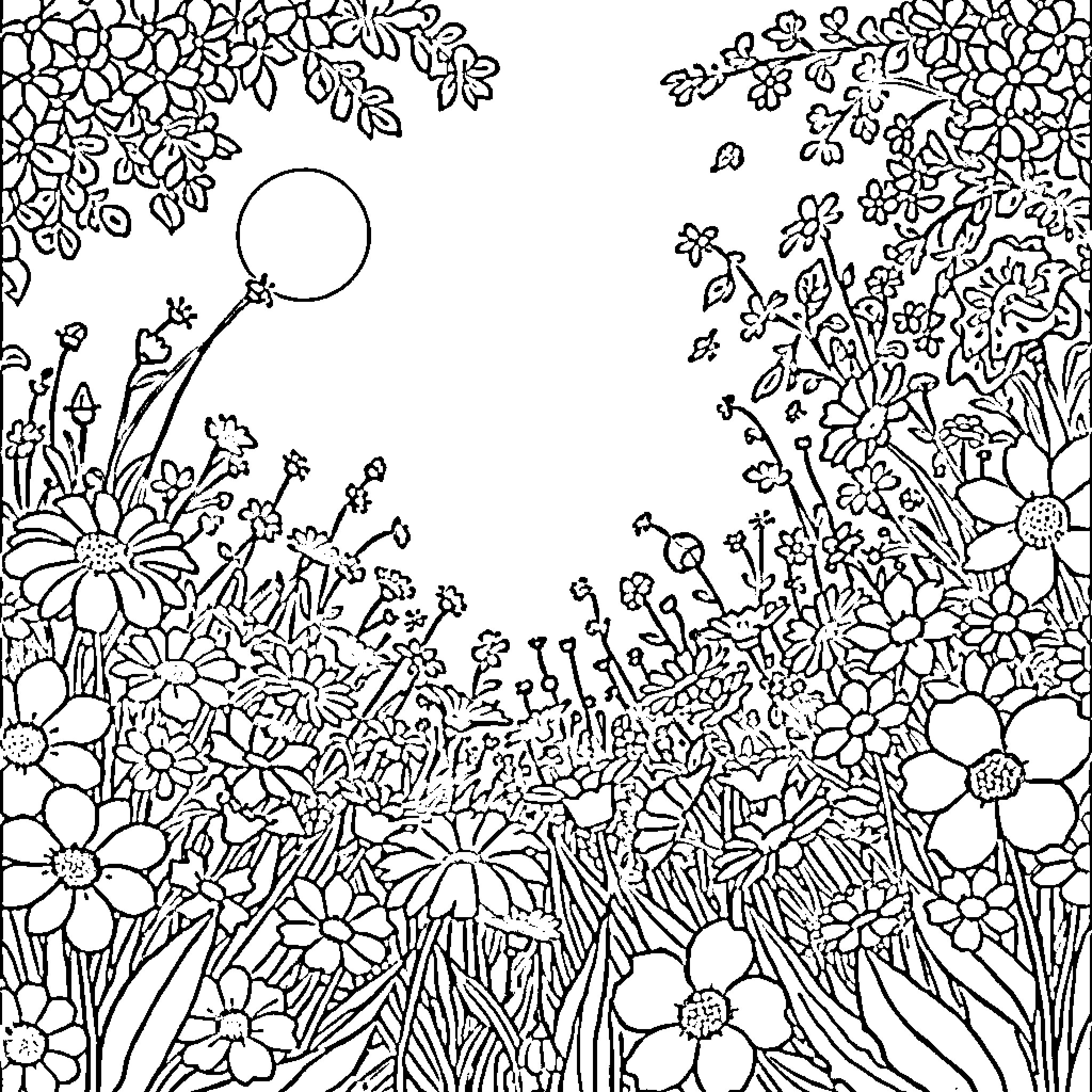 Flower garden with balloons floating above Coloring Page (free black-and-white line drawing printable PDF for all, from beginners to advanced learners, including children, teens, adults, and seniors)