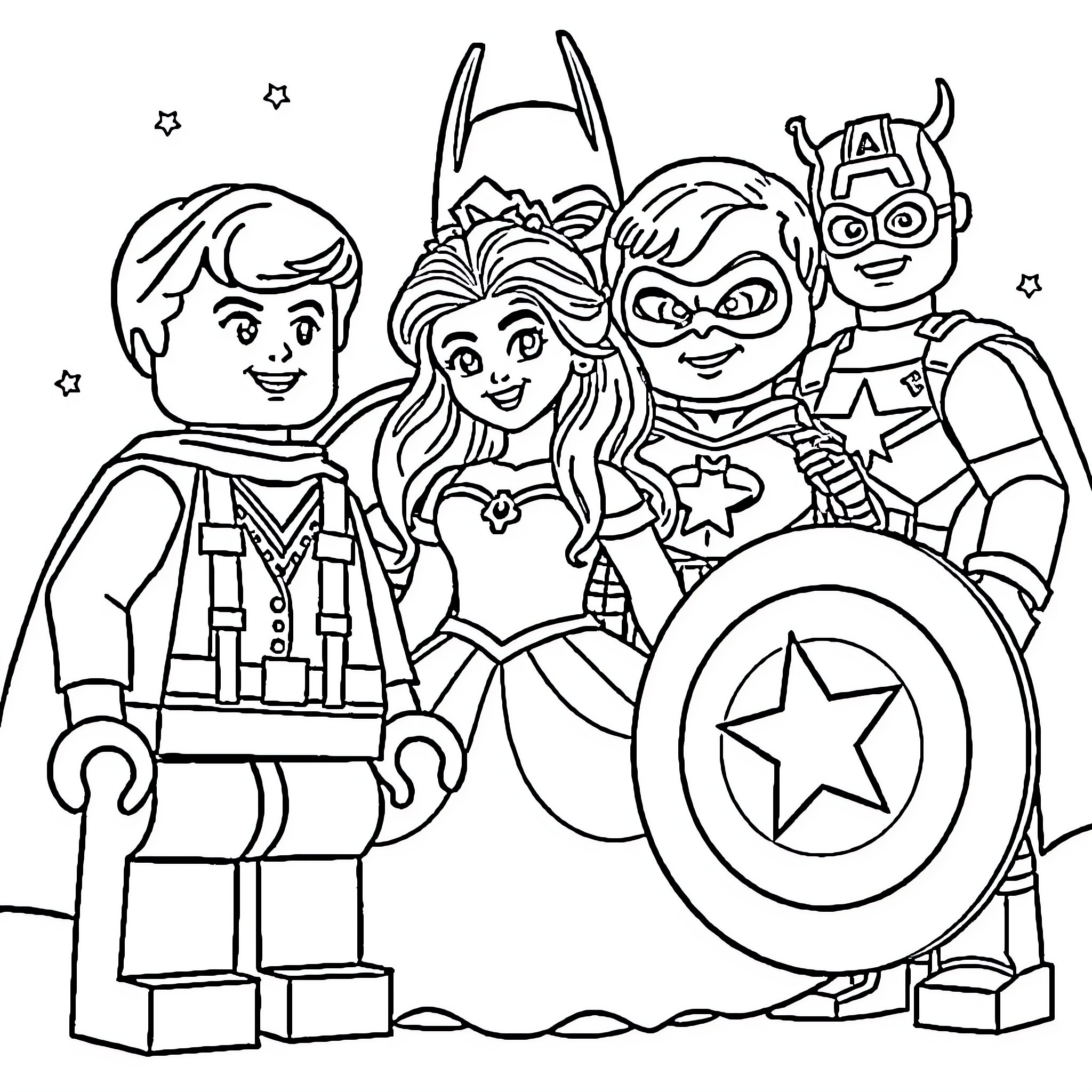 Lego Man superheroes in action poses Coloring Page (free black-and-white line drawing printable PDF for all, from beginners to advanced learners, including children, teens, adults, and seniors)