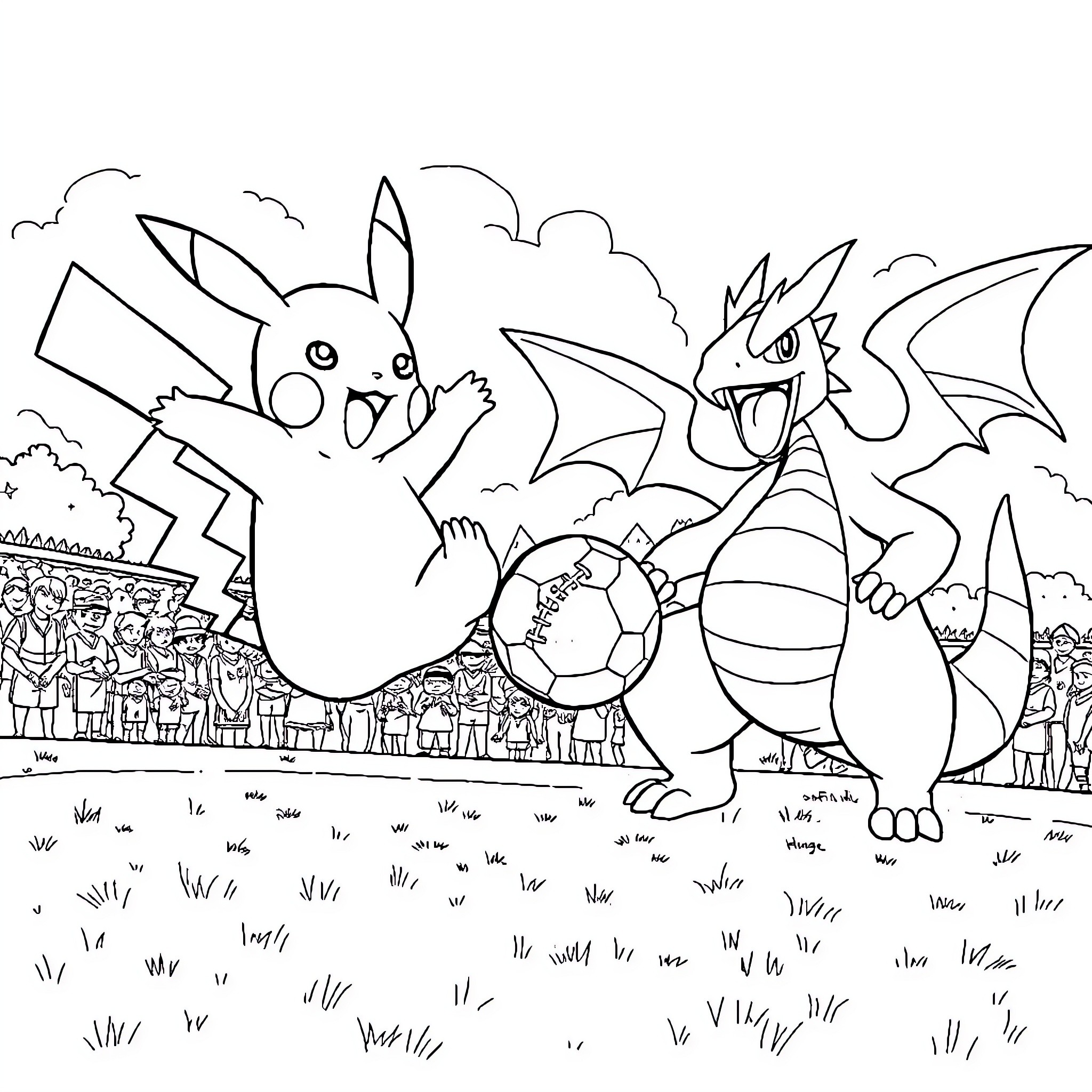 Pikachu playing soccer with Charizard on the field Coloring Page (free black-and-white line drawing printable PDF for all, from beginners to advanced learners, including children, teens, adults, and seniors)