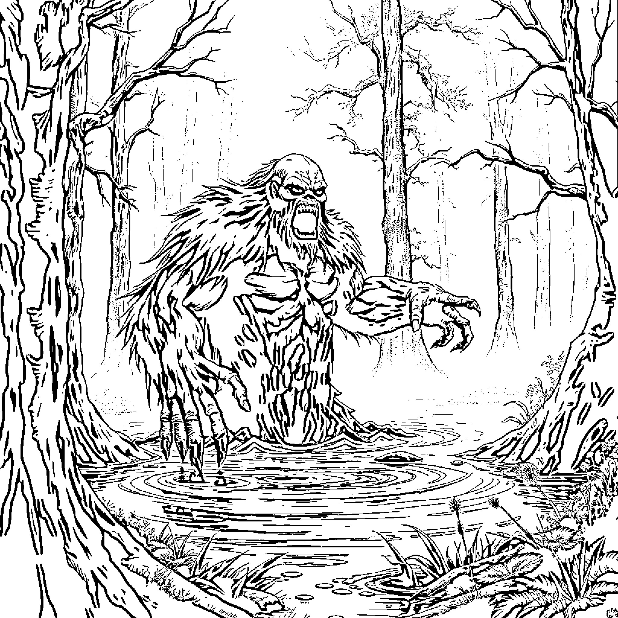 Swamp Thing emerging from a mysterious forest Coloring Page (free black-and-white line drawing printable PDF for all, from beginners to advanced learners, including children, teens, adults, and seniors)