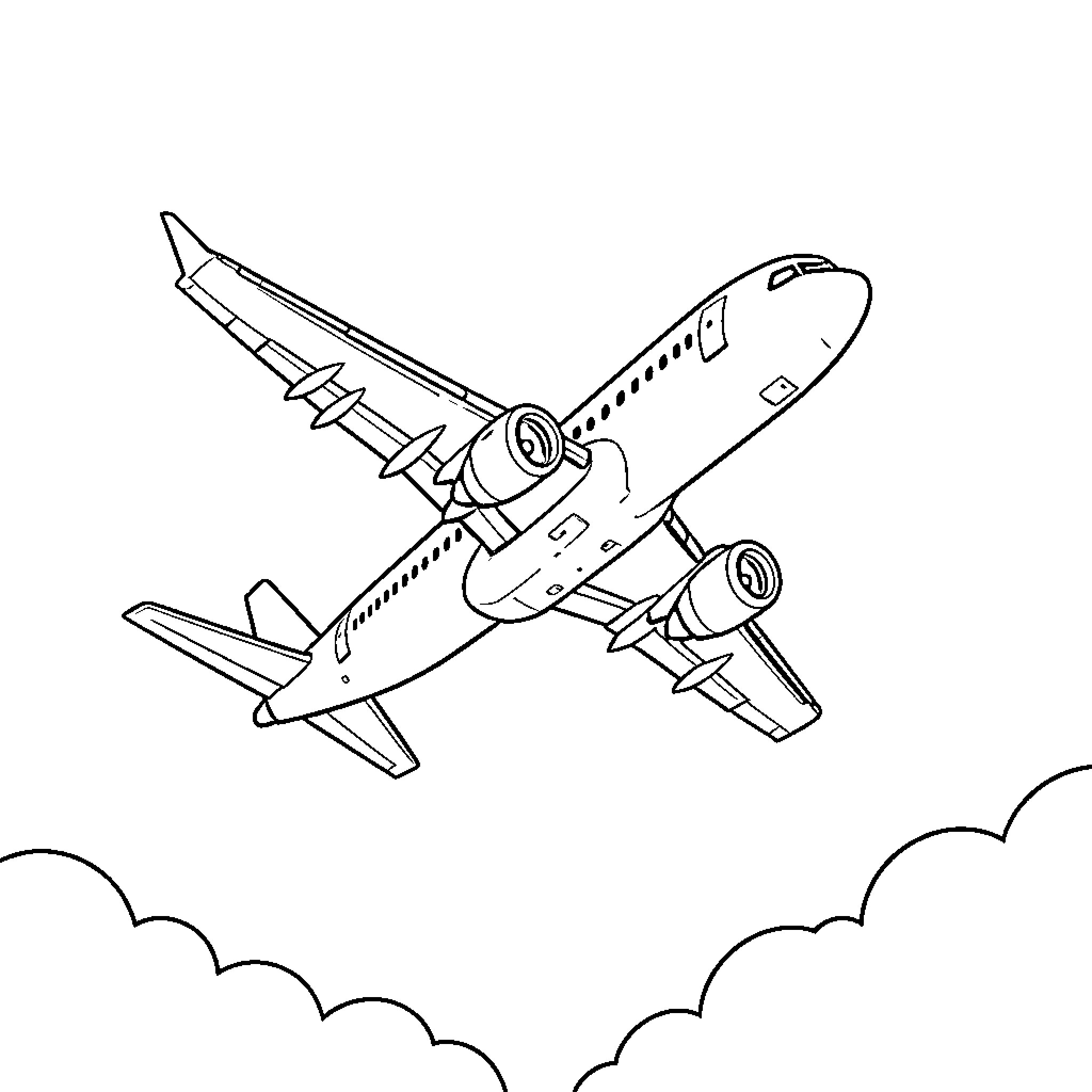 Airplane flying through the cloudy skies Coloring Page (free black-and-white line drawing printable PDF for all, from beginners to advanced learners, including children, teens, adults, and seniors)