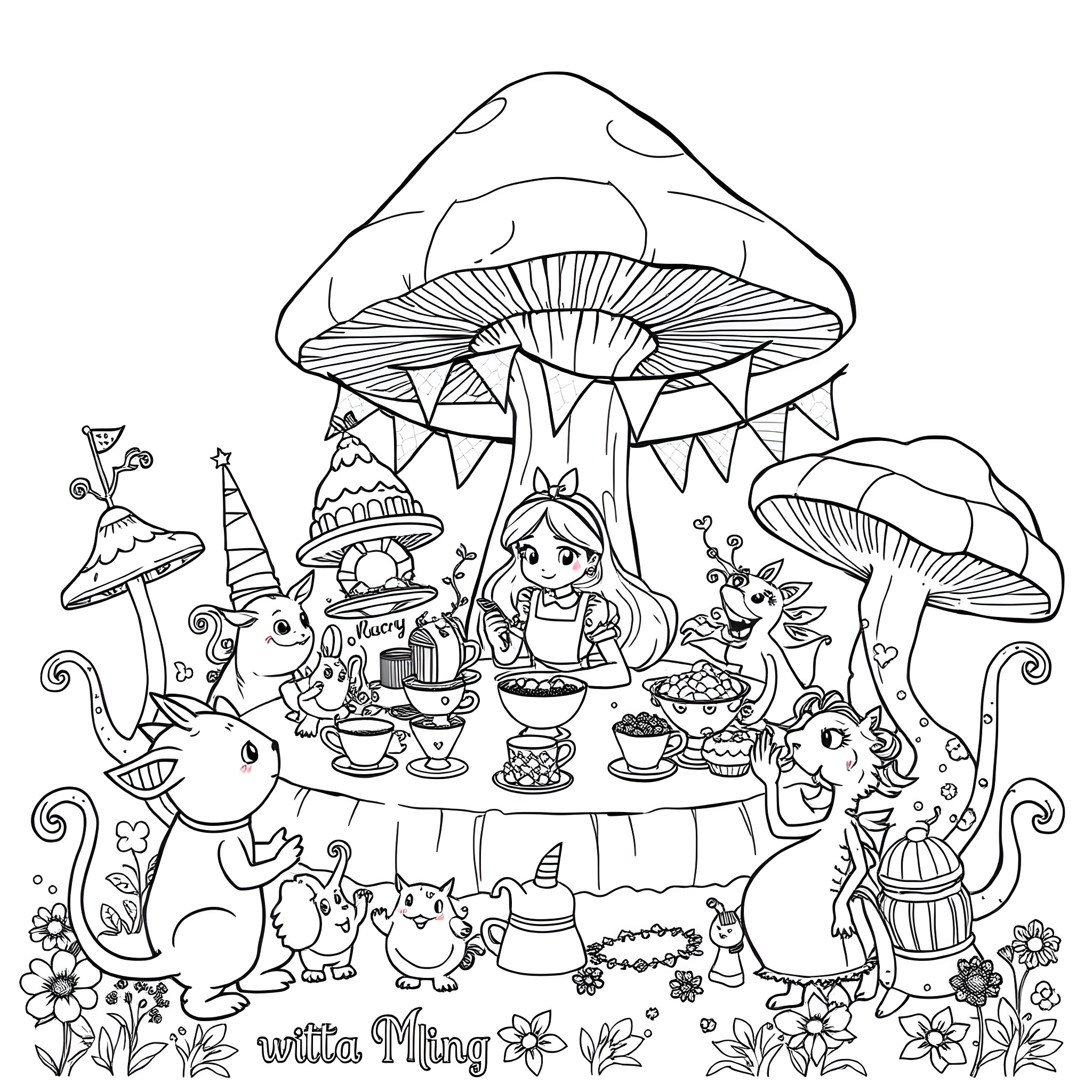 Alice's Magical Mushroom Tea Party Coloring Page (free black-and-white line drawing printable PDF for all, from beginners to advanced learners, including children, teens, adults, and seniors)