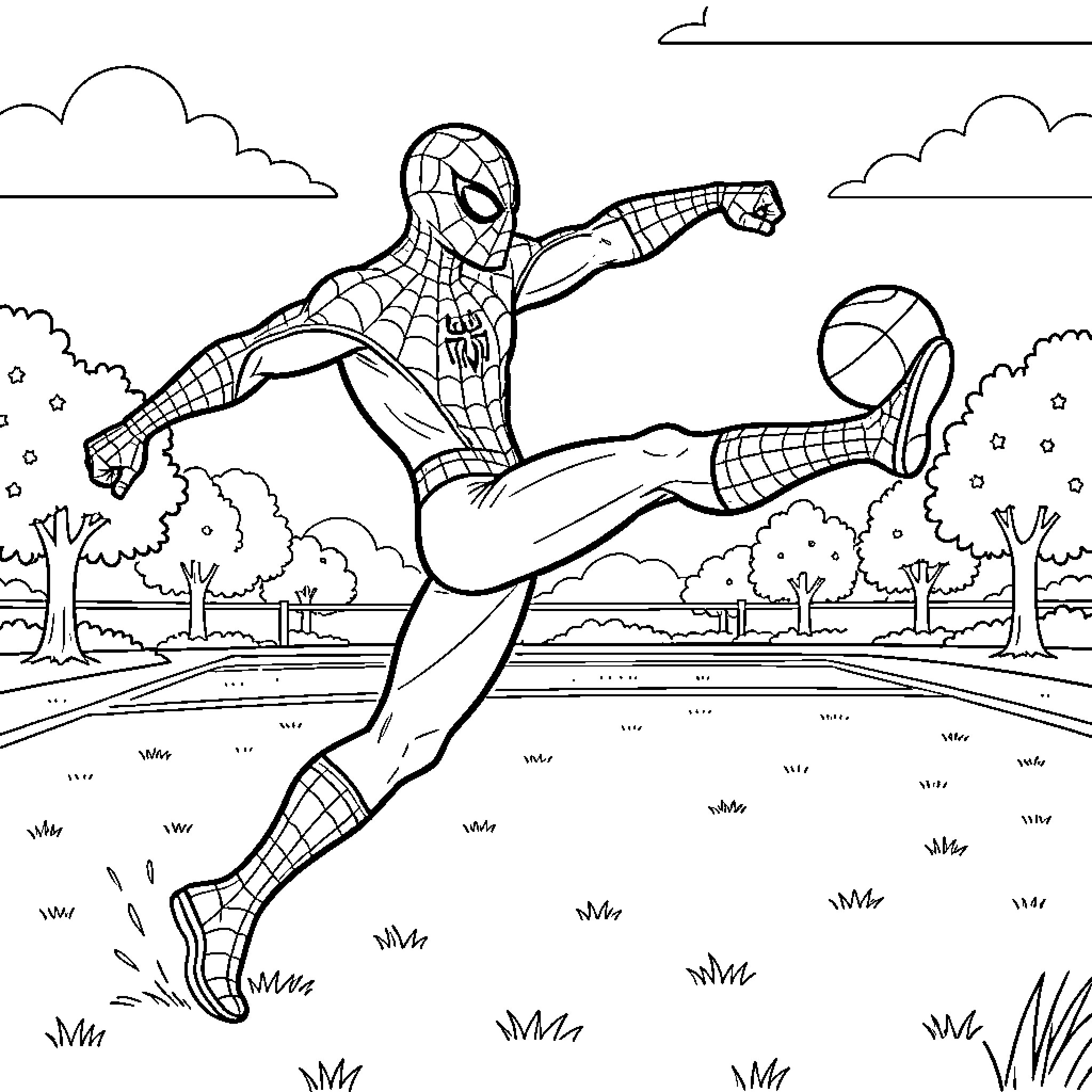 Spiderman swinging through city with web-slinging action Coloring Page (free black-and-white line drawing printable PDF for all, from beginners to advanced learners, including children, teens, adults, and seniors)