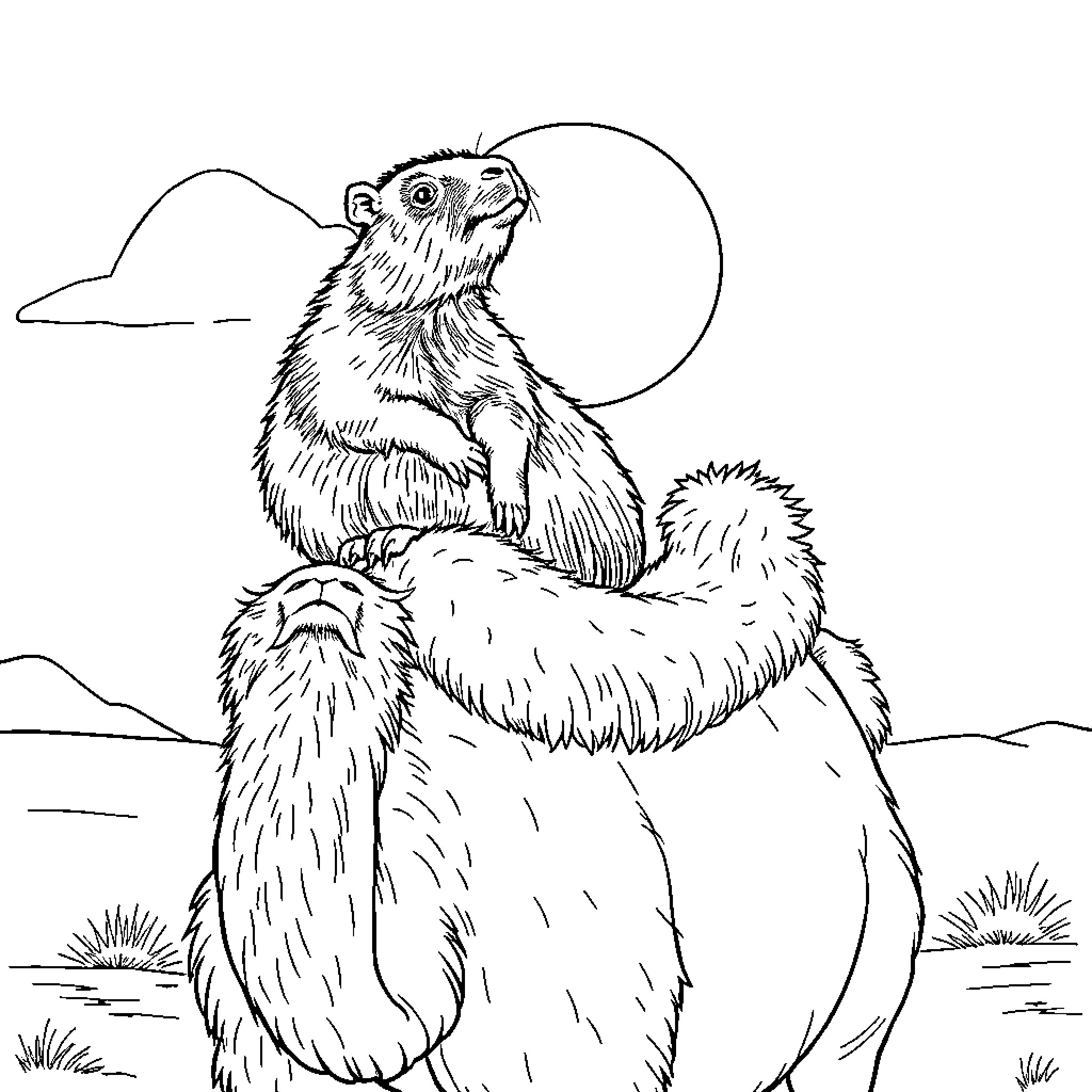 Capybara contemplating under the moonlight Coloring Page (free black-and-white line drawing printable PDF for all, from beginners to advanced learners, including children, teens, adults, and seniors)