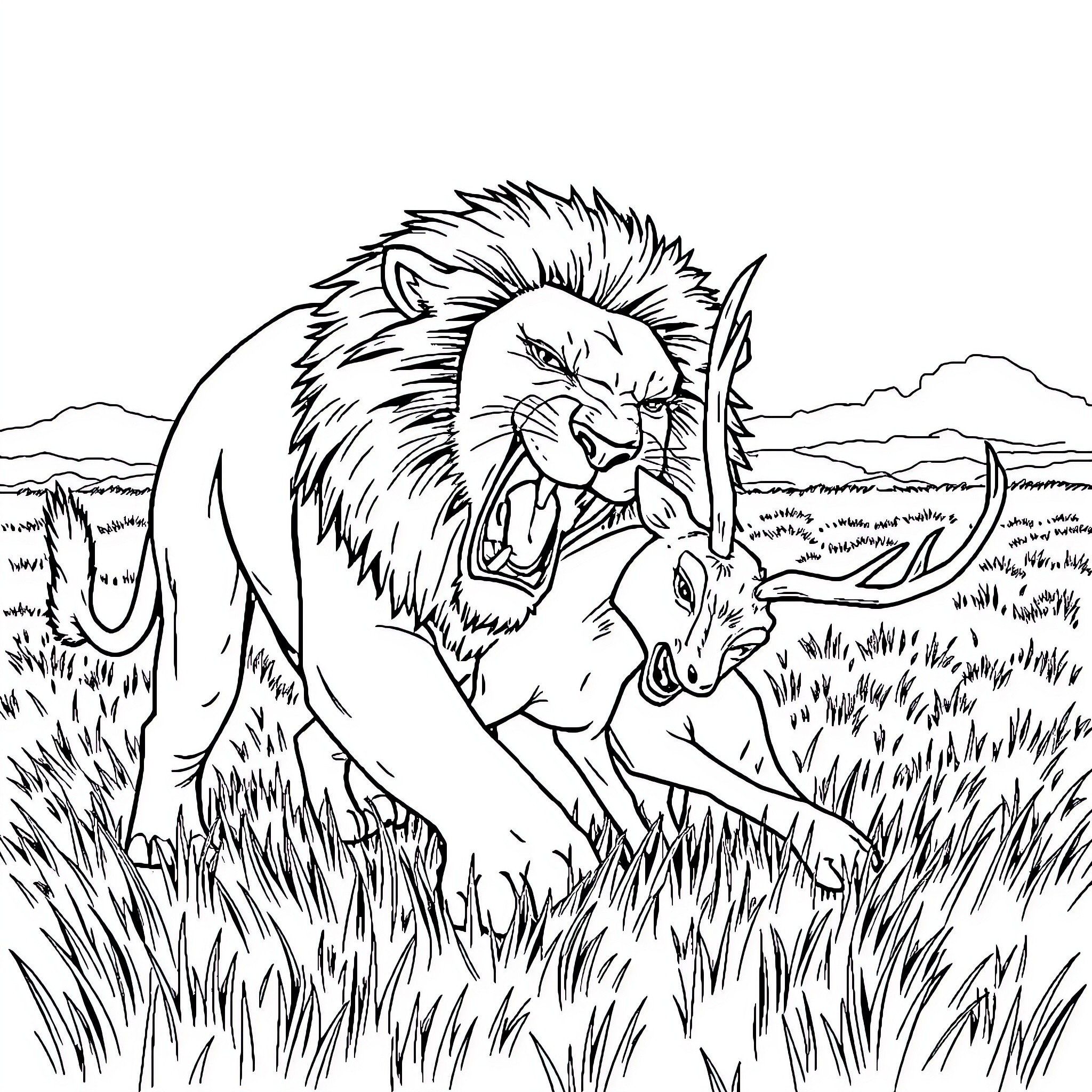 Lion chasing and roaring at gazelle in the wild Coloring Page (free black-and-white line drawing printable PDF for all, from beginners to advanced learners, including children, teens, adults, and seniors)