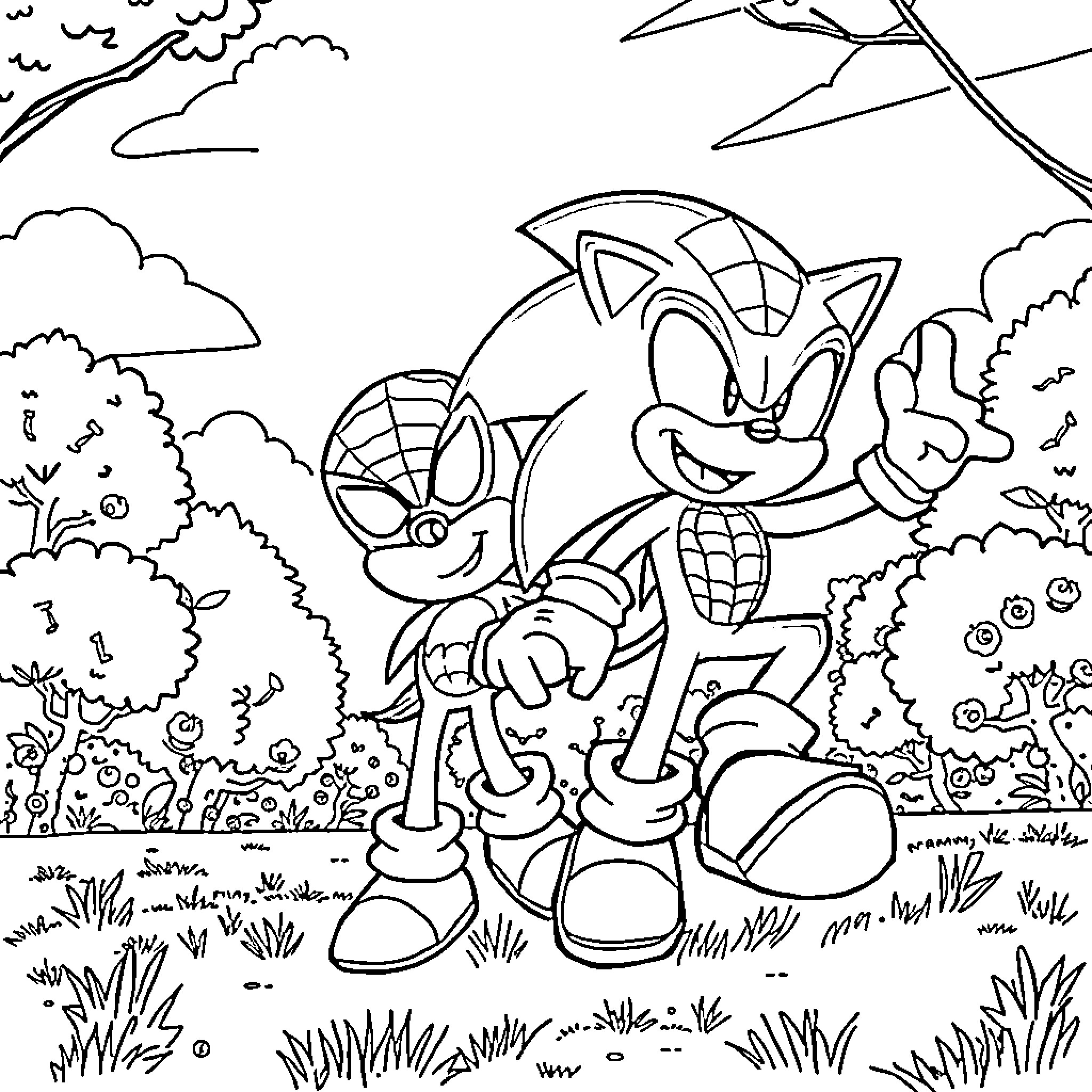 Sonic and friends exploring the outdoors Coloring Page (free black-and-white line drawing printable PDF for all, from beginners to advanced learners, including children, teens, adults, and seniors)