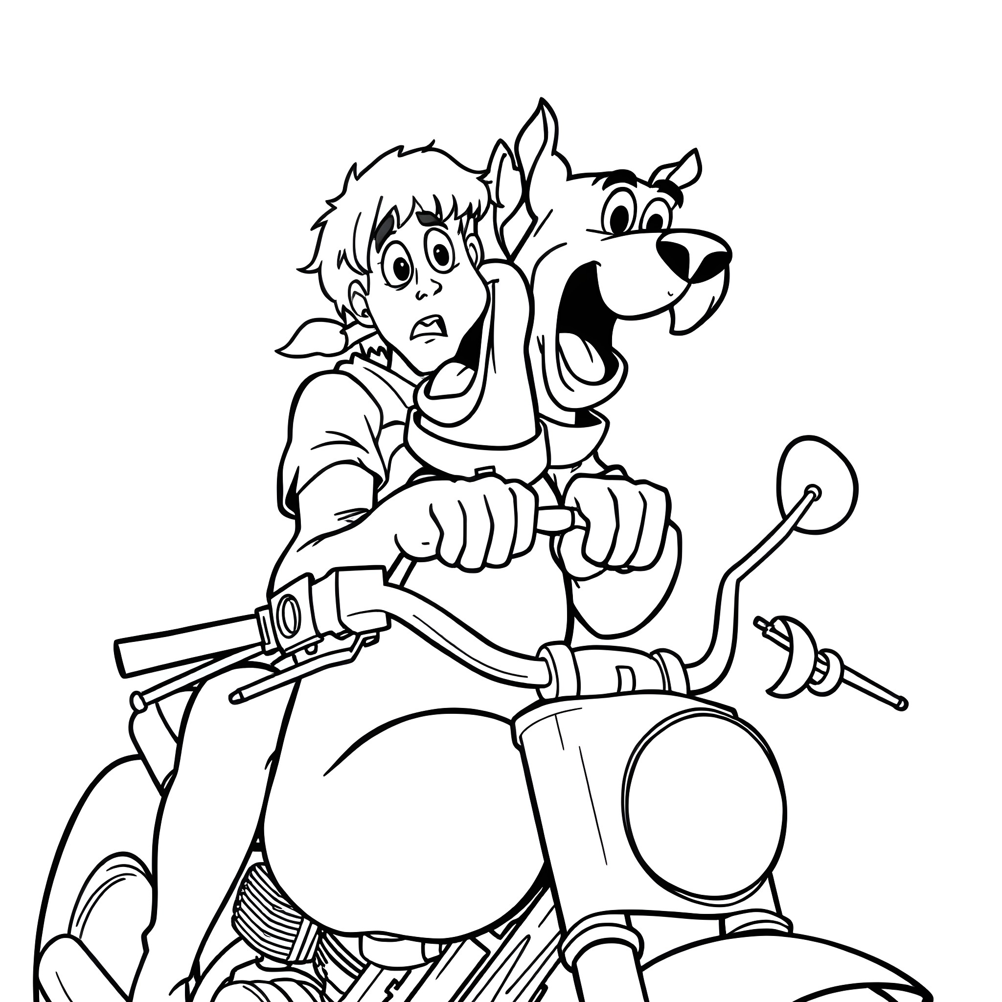 Scooby Doo and Shaggy riding a motorcycle Coloring Page (free black-and-white line drawing printable PDF for all, from beginners to advanced learners, including children, teens, adults, and seniors)