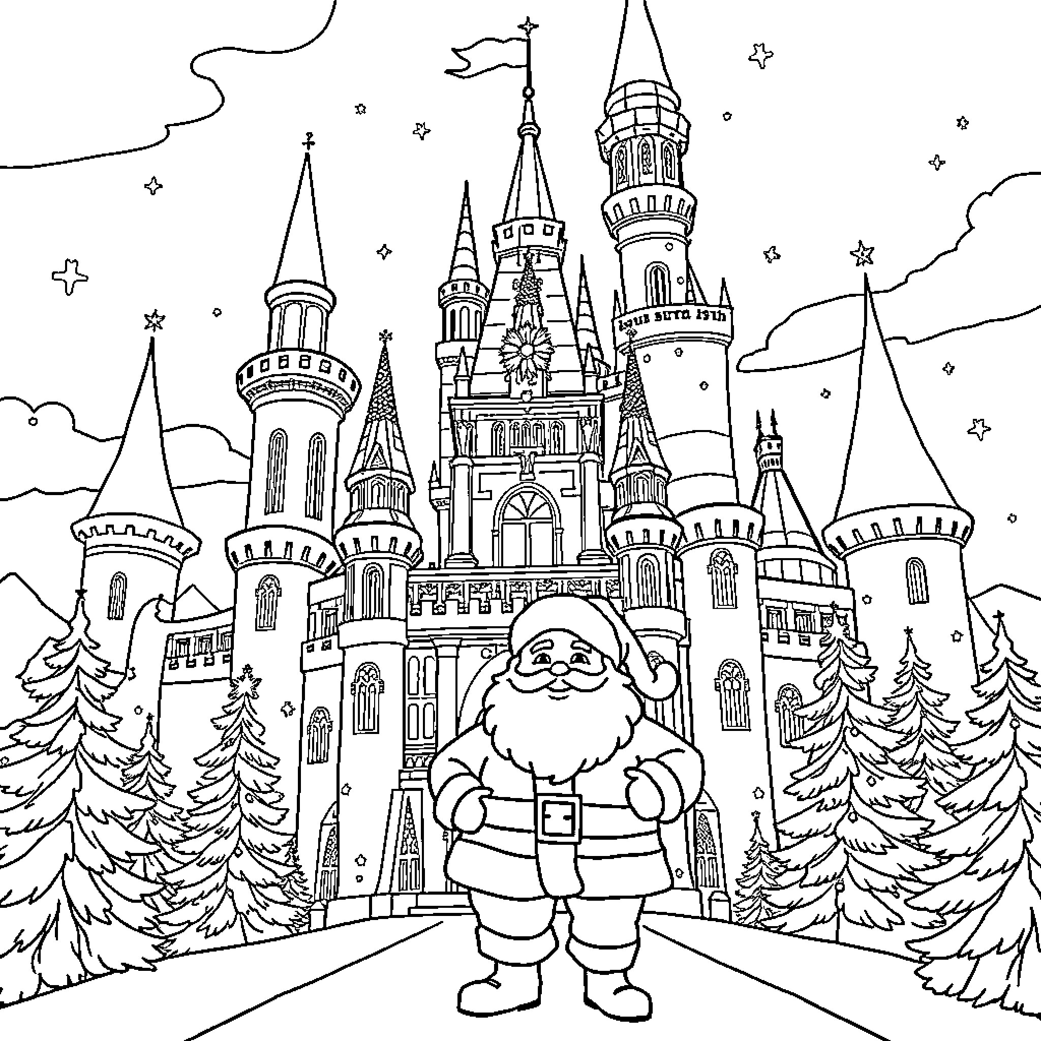 Castle with Festive Santa Decoration Coloring Page (free black-and-white line drawing printable PDF for all, from beginners to advanced learners, including children, teens, adults, and seniors)