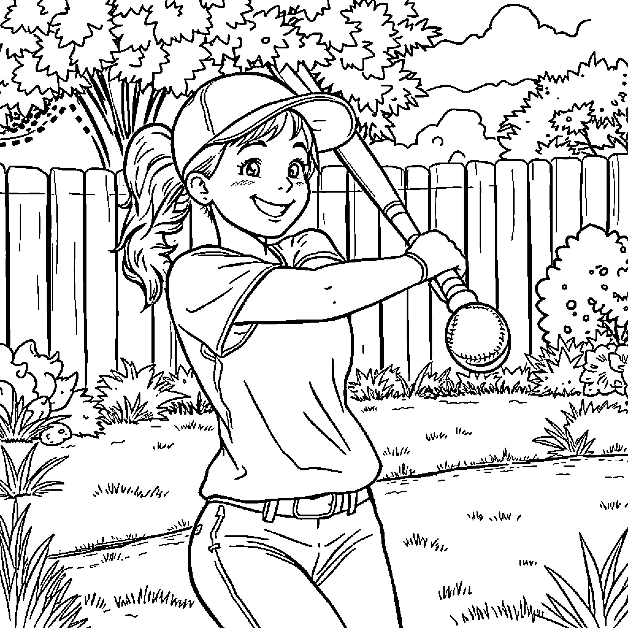 Softball Player Swinging Bat in Garden Coloring Page (free black-and-white line drawing printable PDF for all, from beginners to advanced learners, including children, teens, adults, and seniors)