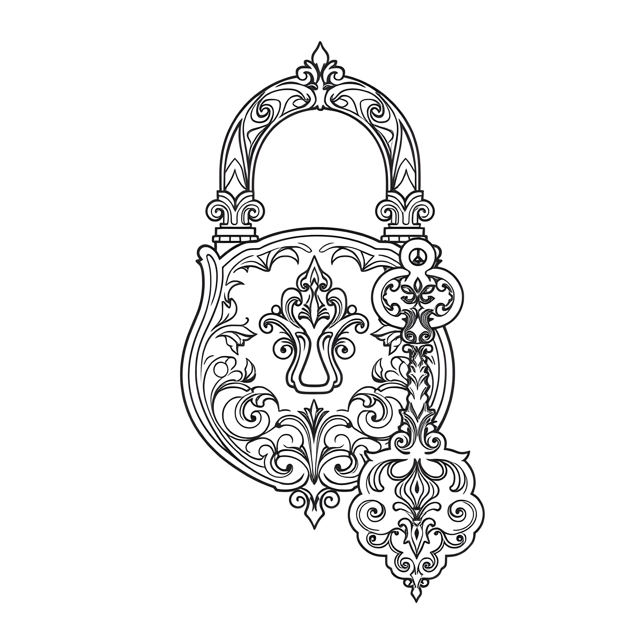 Lock with Ornate Floral Patterns Coloring Page (free black-and-white line drawing printable PDF for all, from beginners to advanced learners, including children, teens, adults, and seniors)