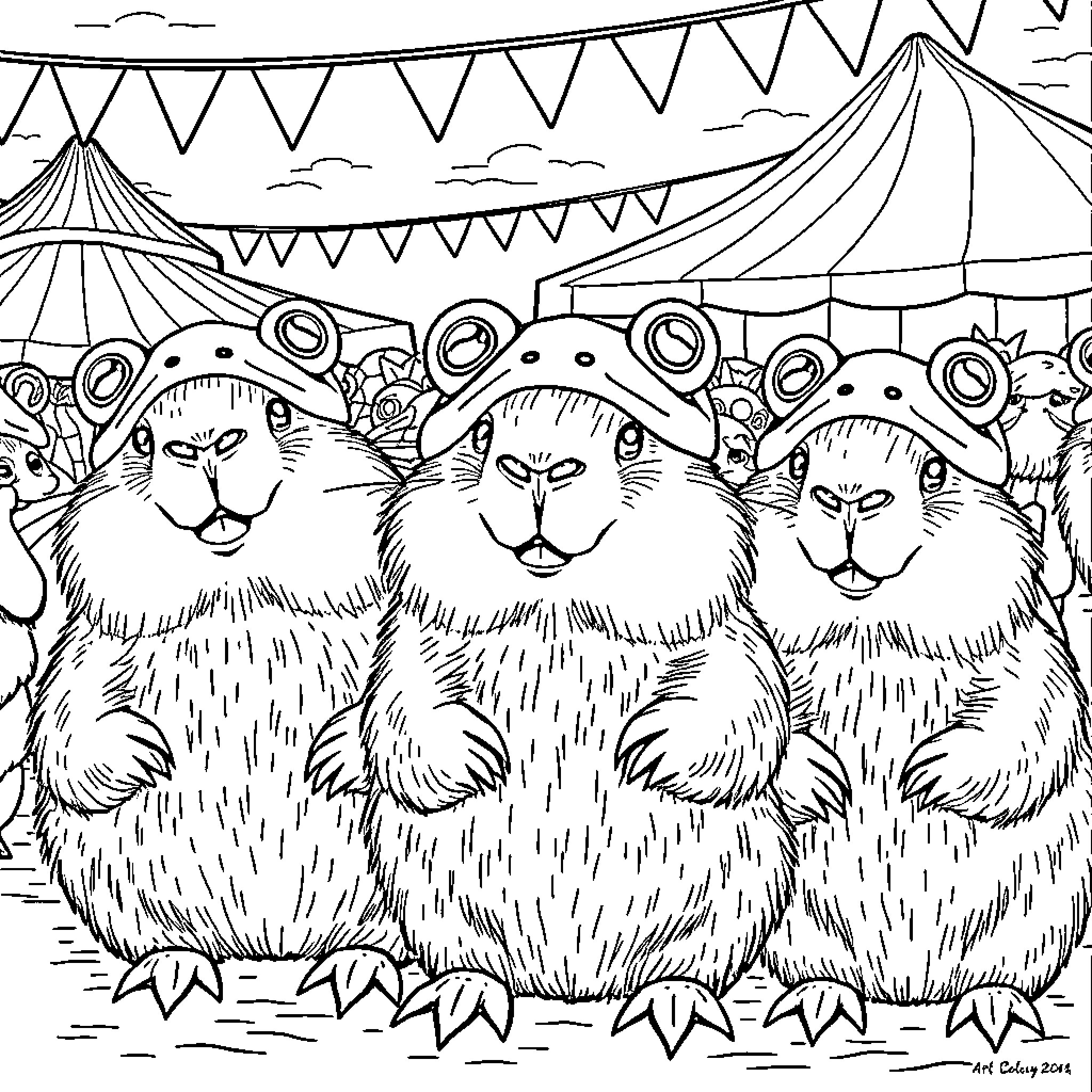 Capybara enjoying a festive celebration Coloring Page (free black-and-white line drawing printable PDF for all, from beginners to advanced learners, including children, teens, adults, and seniors)