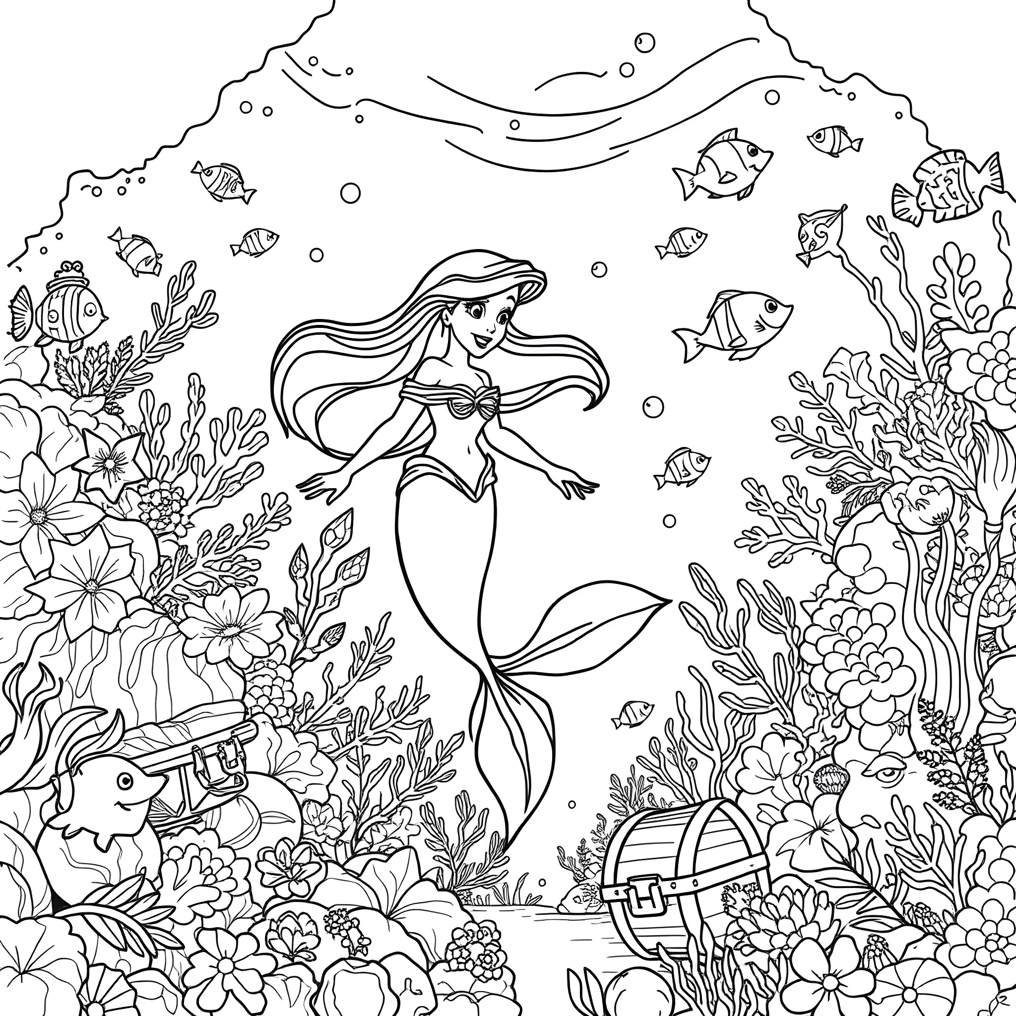Ariel's Underwater Adventure Coloring Page (free black-and-white line drawing printable PDF for all, from beginners to advanced learners, including children, teens, adults, and seniors)
