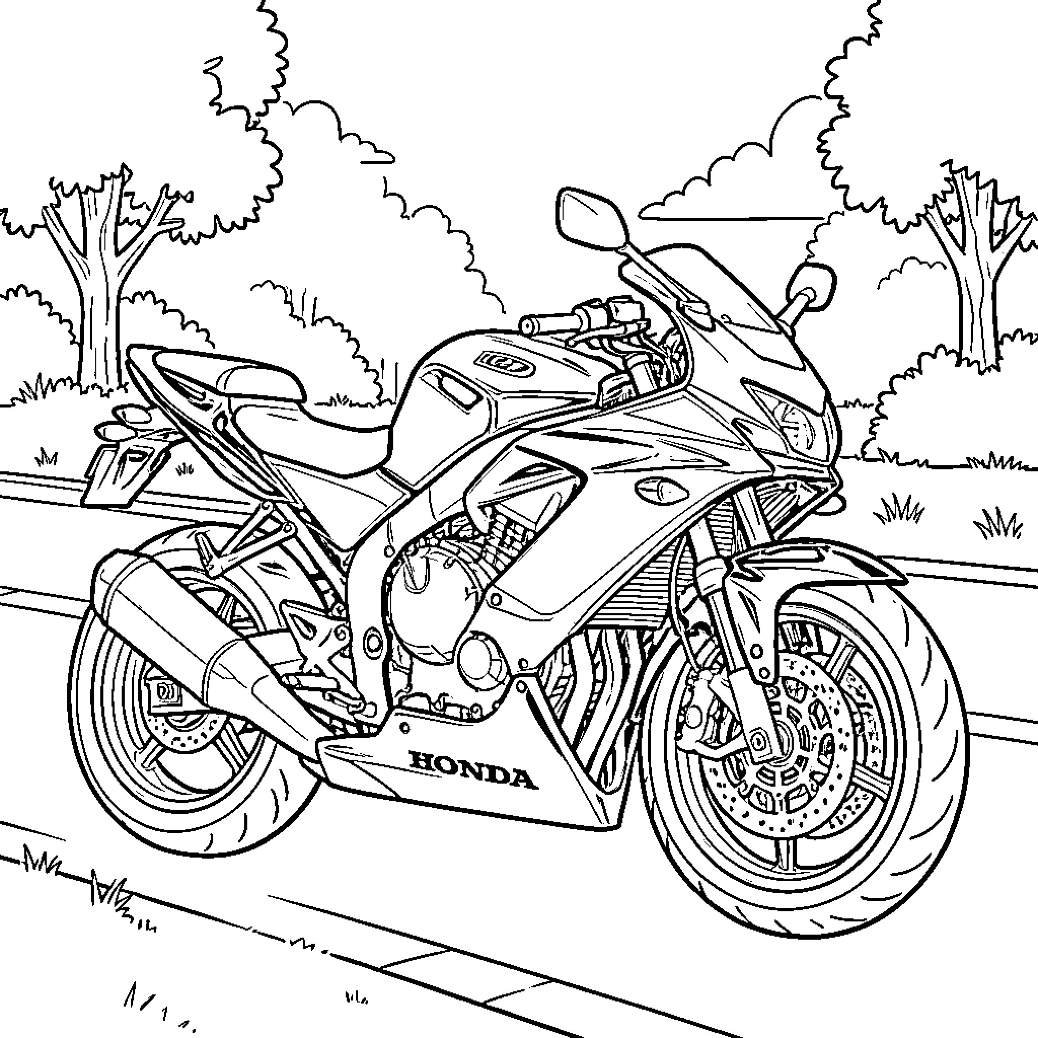 Motorcycle on the open road with trees in the background Coloring Page (free black-and-white line drawing printable PDF for all, from beginners to advanced learners, including children, teens, adults, and seniors)