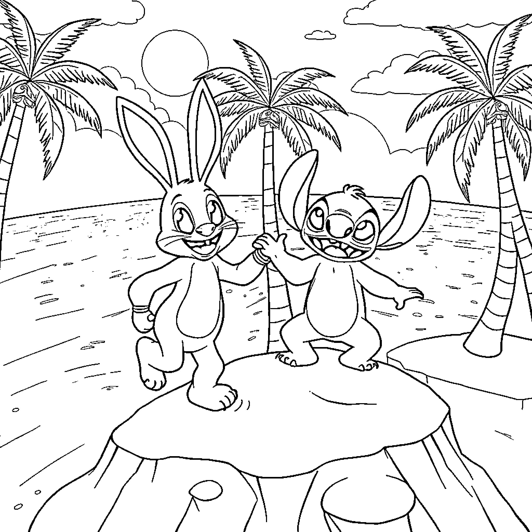 Bunnies Enjoying Beach Vacation Together Coloring Page (free black-and-white line drawing printable PDF for all, from beginners to advanced learners, including children, teens, adults, and seniors)