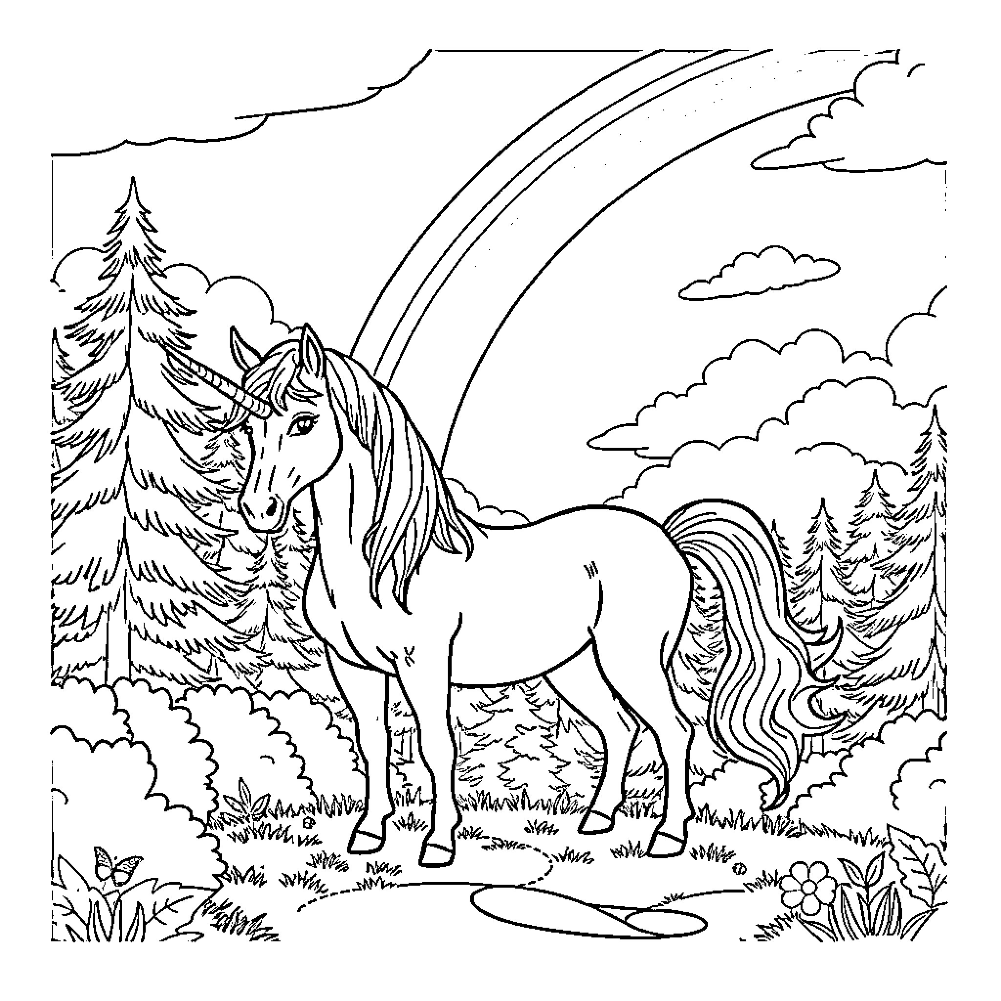 Unicorn standing majestically in a vibrant forest scene Coloring Page (free black-and-white line drawing printable PDF for all, from beginners to advanced learners, including children, teens, adults, and seniors)