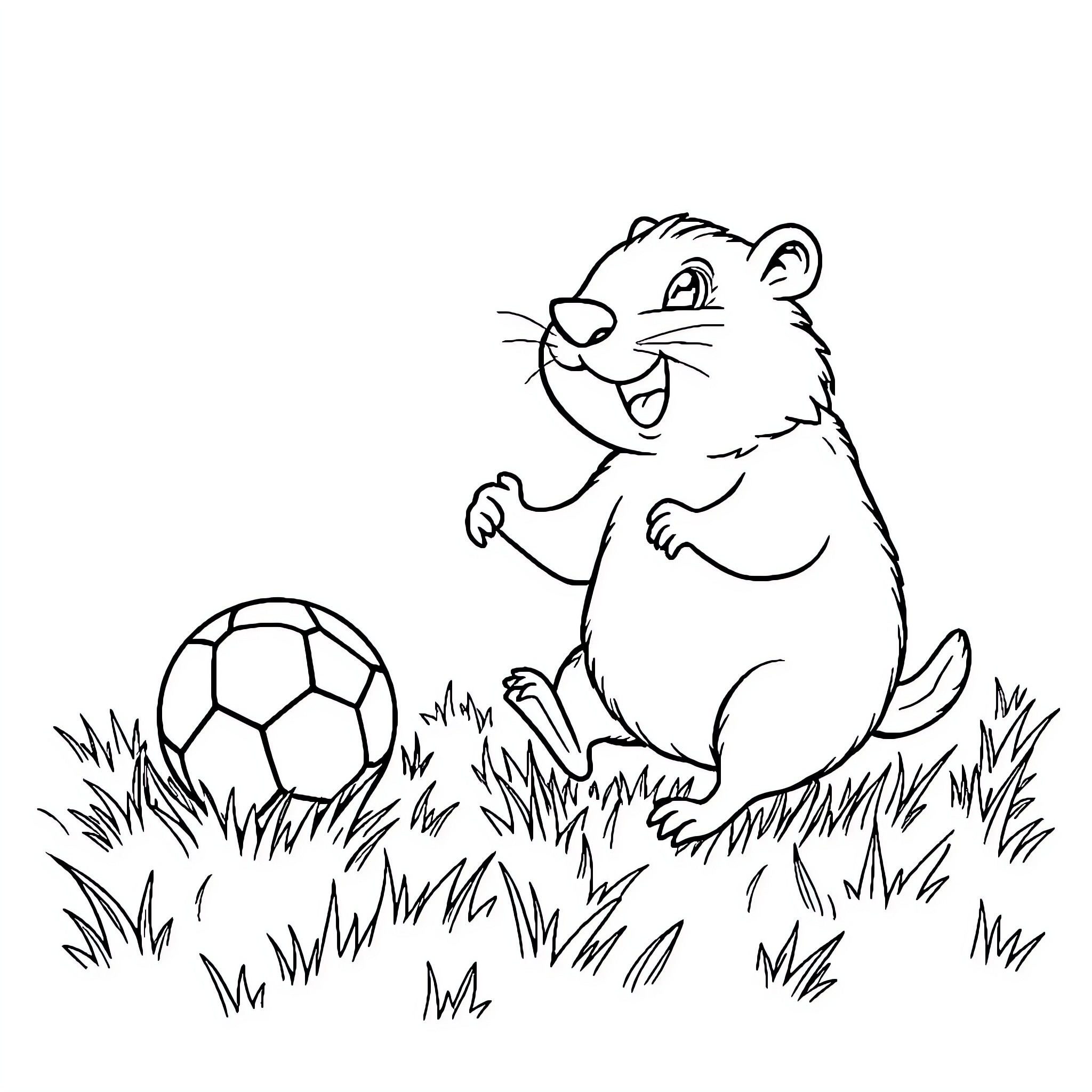 Gopher playing with soccer ball in grassy field Coloring Page (free black-and-white line drawing printable PDF for all, from beginners to advanced learners, including children, teens, adults, and seniors)
