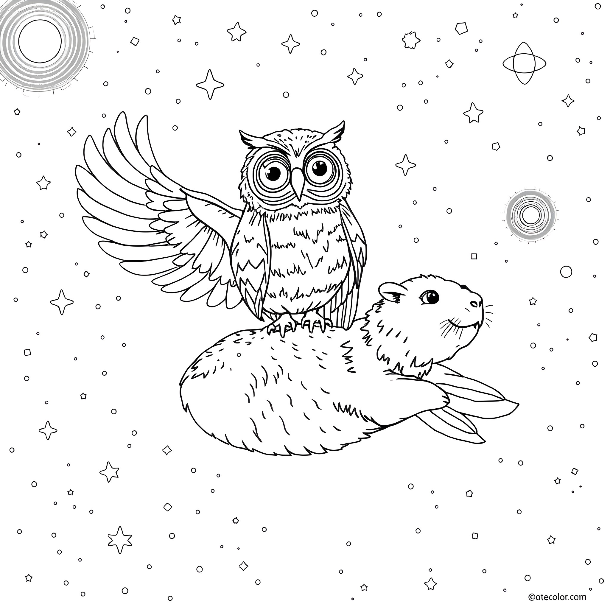 Owl with winged companions in the starry night Coloring Page (free black-and-white line drawing printable PDF for all, from beginners to advanced learners, including children, teens, adults, and seniors)