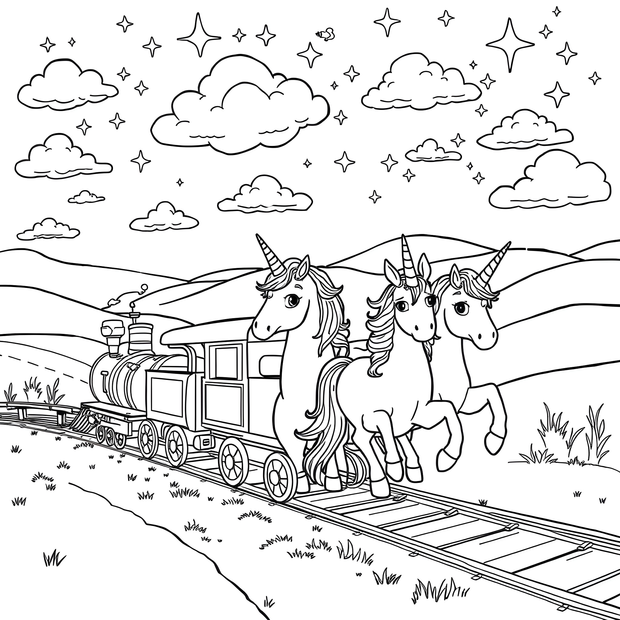 Unicorn train ride through whimsical landscape Coloring Page (free black-and-white line drawing printable PDF for all, from beginners to advanced learners, including children, teens, adults, and seniors)