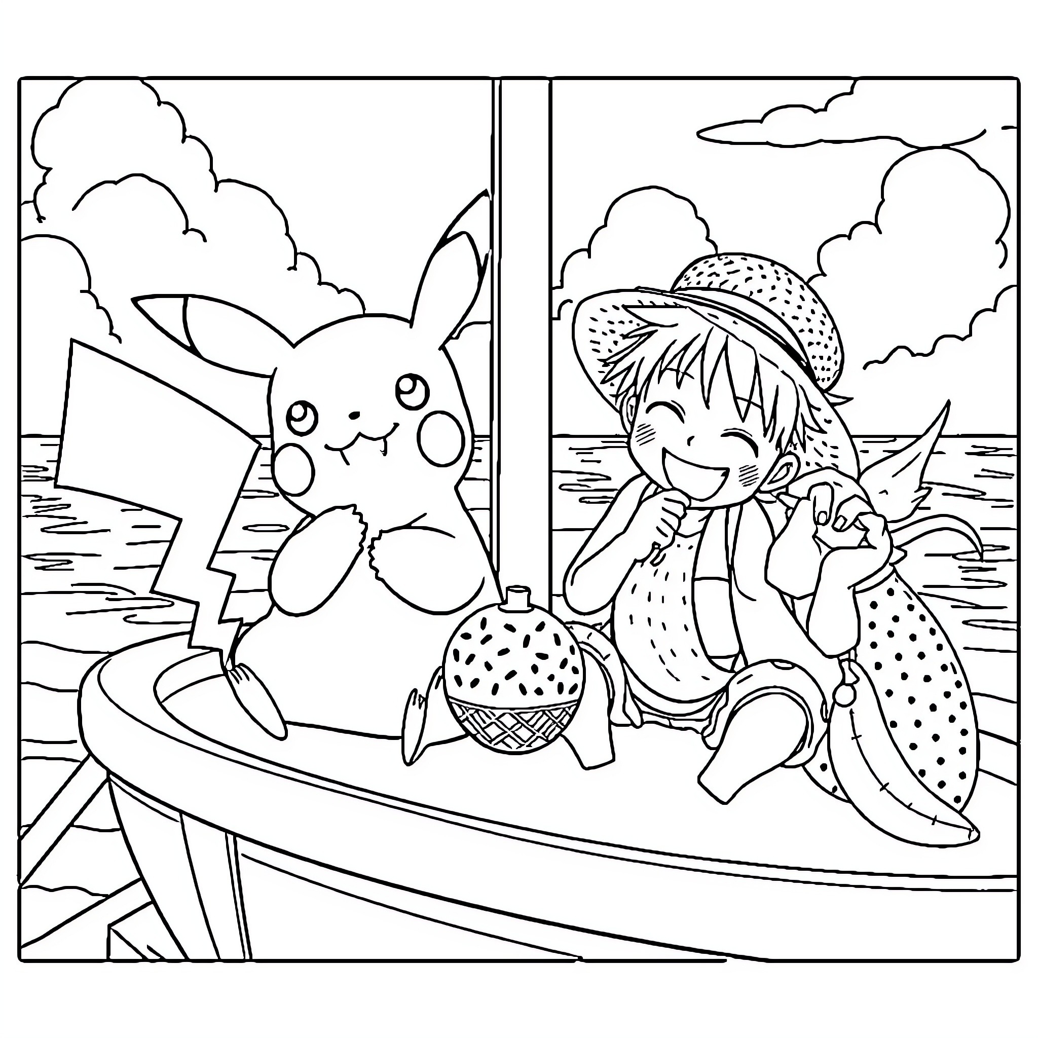 Pikachu and Girl Enjoying Summer Day by the Beach Coloring Page (free black-and-white line drawing printable PDF for all, from beginners to advanced learners, including children, teens, adults, and seniors)