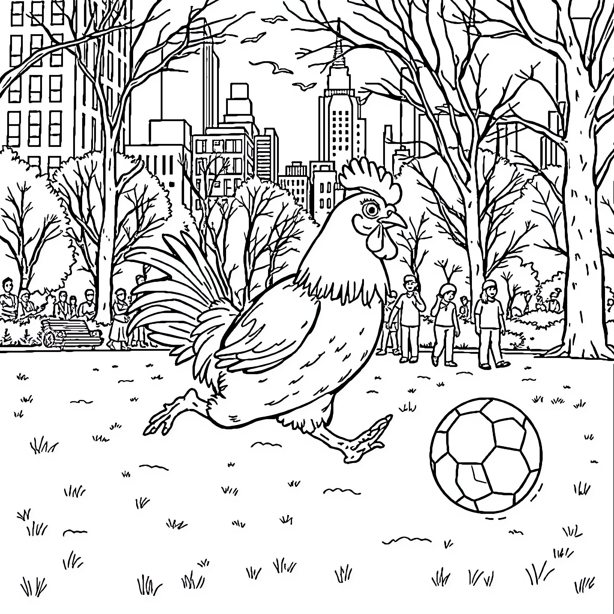 Chicken roaming the urban park Coloring Page (free black-and-white line drawing printable PDF for all, from beginners to advanced learners, including children, teens, adults, and seniors)