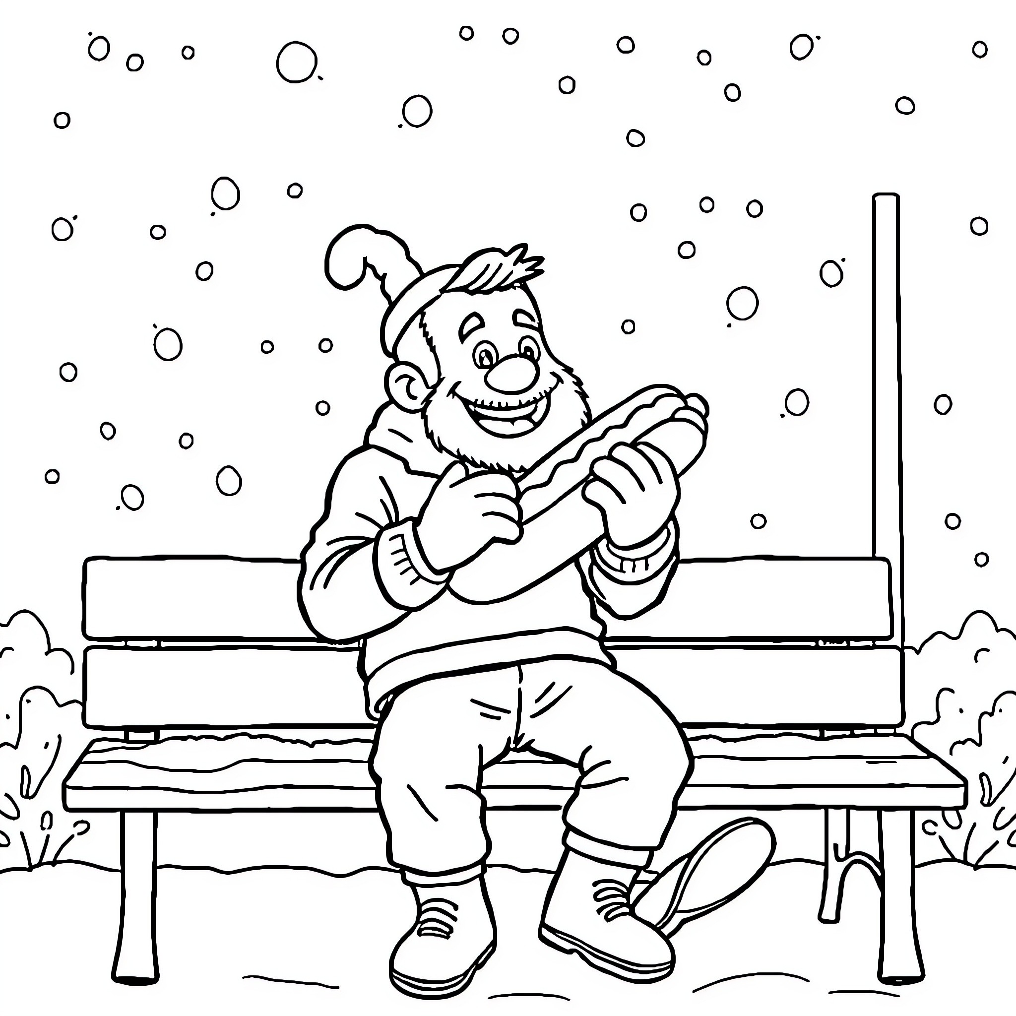 Mr T enjoying a snowy day on a park bench Coloring Page (free black-and-white line drawing printable PDF for all, from beginners to advanced learners, including children, teens, adults, and seniors)