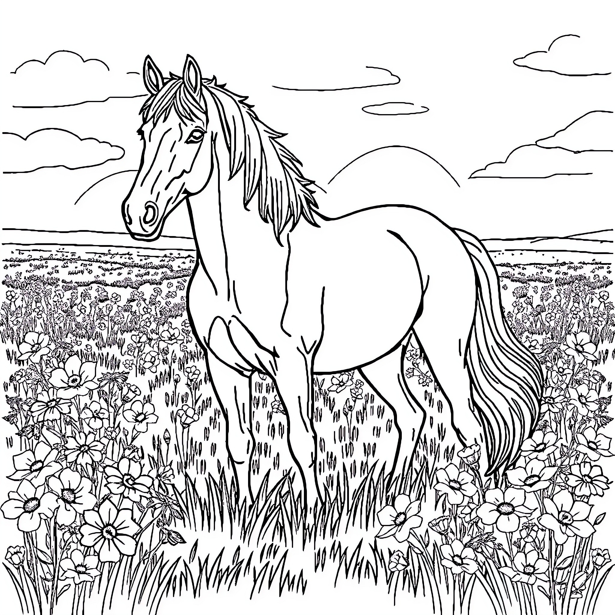 Horse standing proudly in a flowery meadow Coloring Page (free black-and-white line drawing printable PDF for all, from beginners to advanced learners, including children, teens, adults, and seniors)