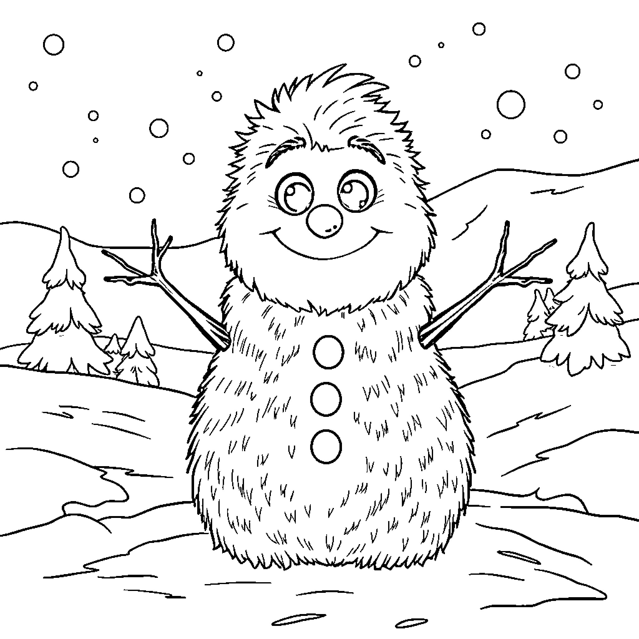 Abominable Snowman enjoying the snowy scenery Coloring Page (free black-and-white line drawing printable PDF for all, from beginners to advanced learners, including children, teens, adults, and seniors)