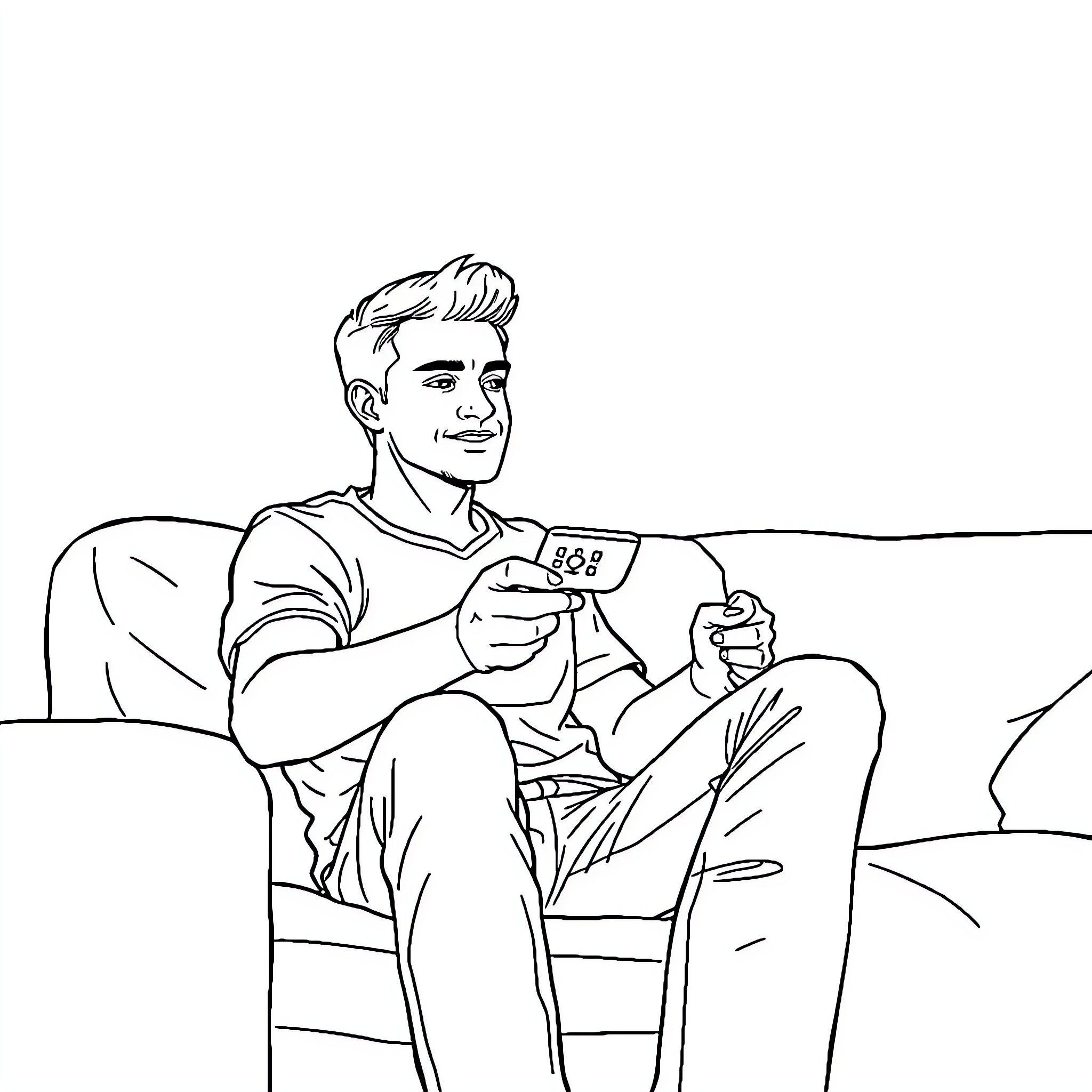 TV Guy Relaxing and Enjoying Video Game Coloring Page (free black-and-white line drawing printable PDF for all, from beginners to advanced learners, including children, teens, adults, and seniors)