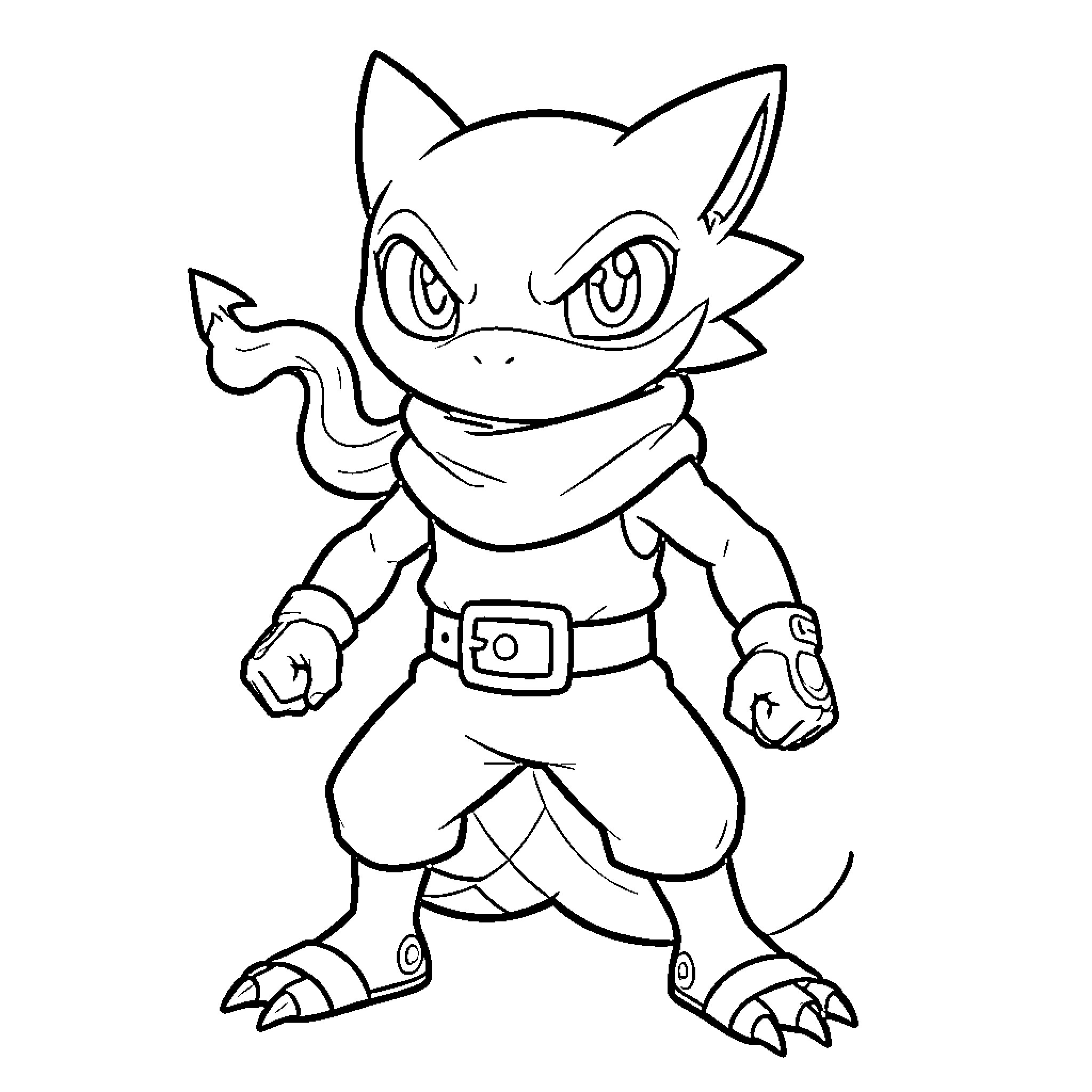 Greninja standing in a powerful combat pose Coloring Page (free black-and-white line drawing printable PDF for all, from beginners to advanced learners, including children, teens, adults, and seniors)