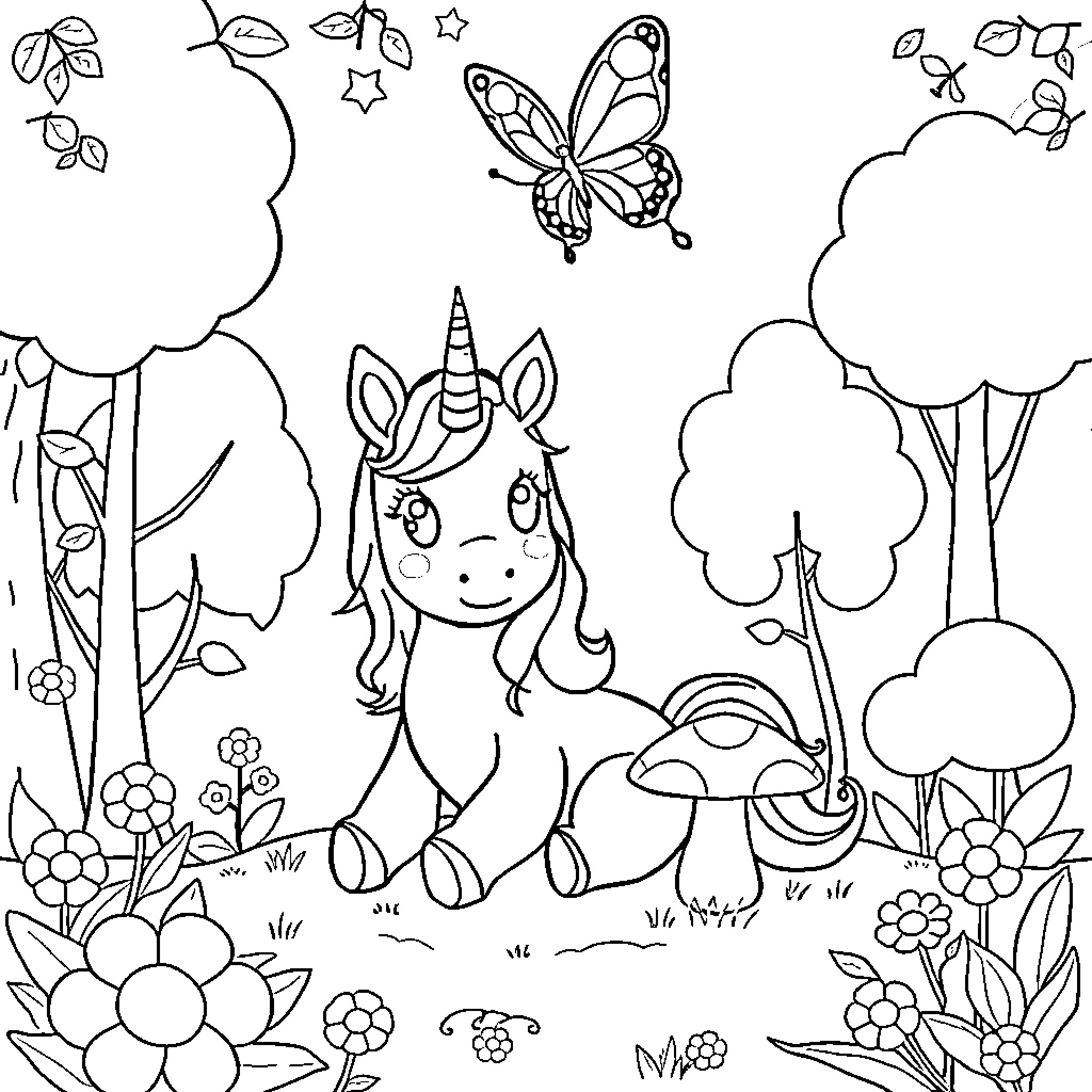 Unicorn wandering in enchanted forest with butterflies Coloring Page (free black-and-white line drawing printable PDF for all, from beginners to advanced learners, including children, teens, adults, and seniors)