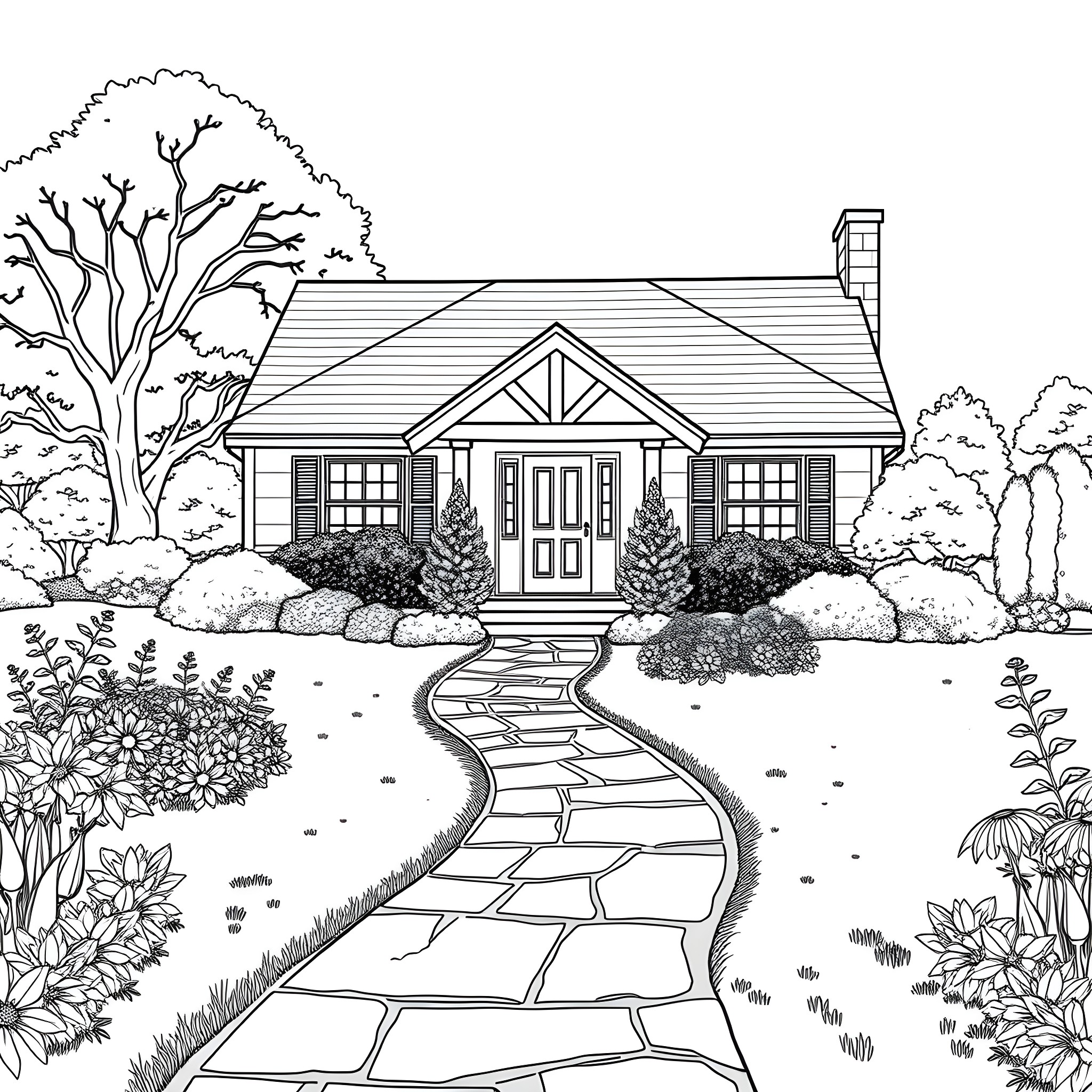 Bungalow with a welcoming porch and landscaping Coloring Page (free black-and-white line drawing printable PDF for all, from beginners to advanced learners, including children, teens, adults, and seniors)