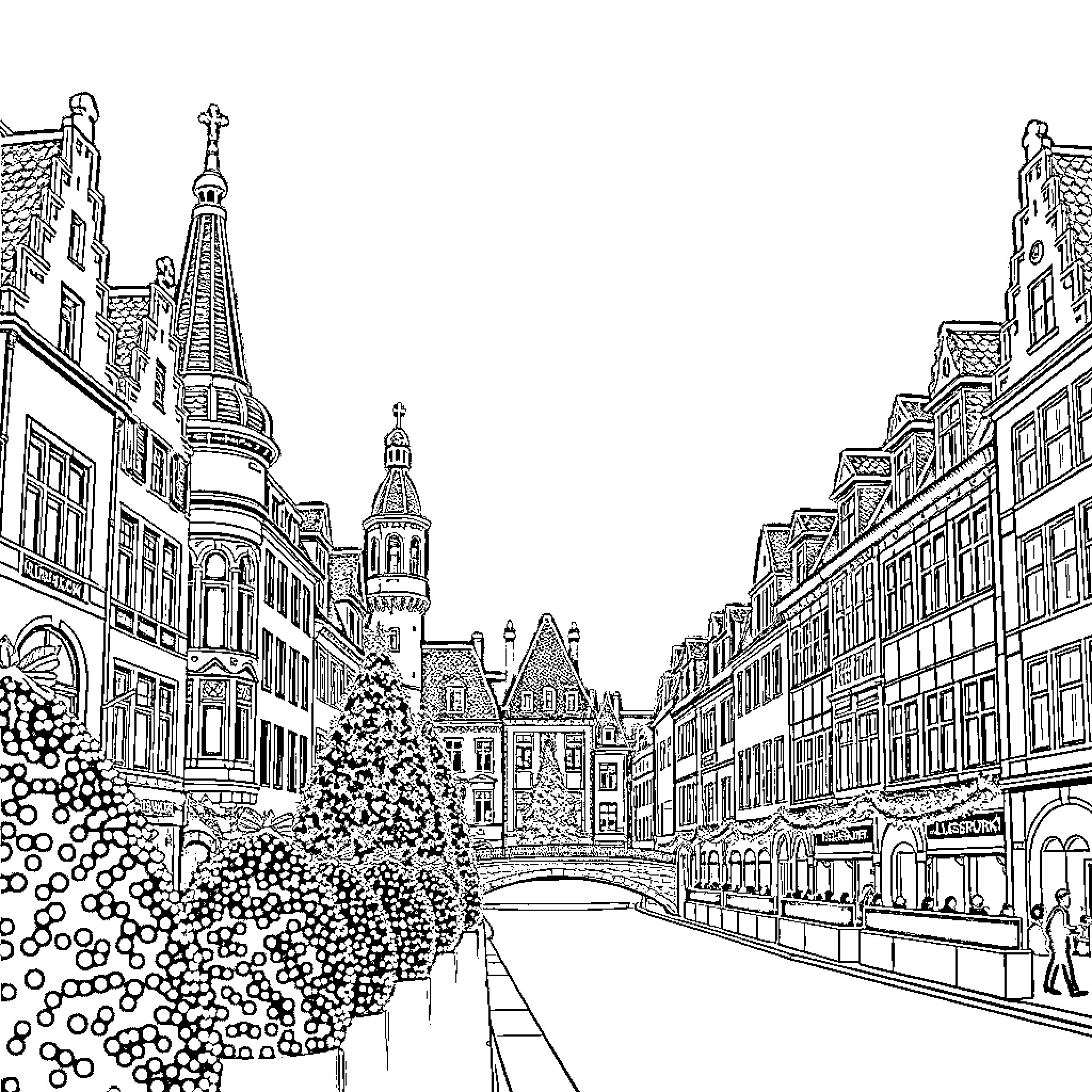 City Street with Historic Architecture and Pedestrians Coloring Page (free black-and-white line drawing printable PDF for all, from beginners to advanced learners, including children, teens, adults, and seniors)