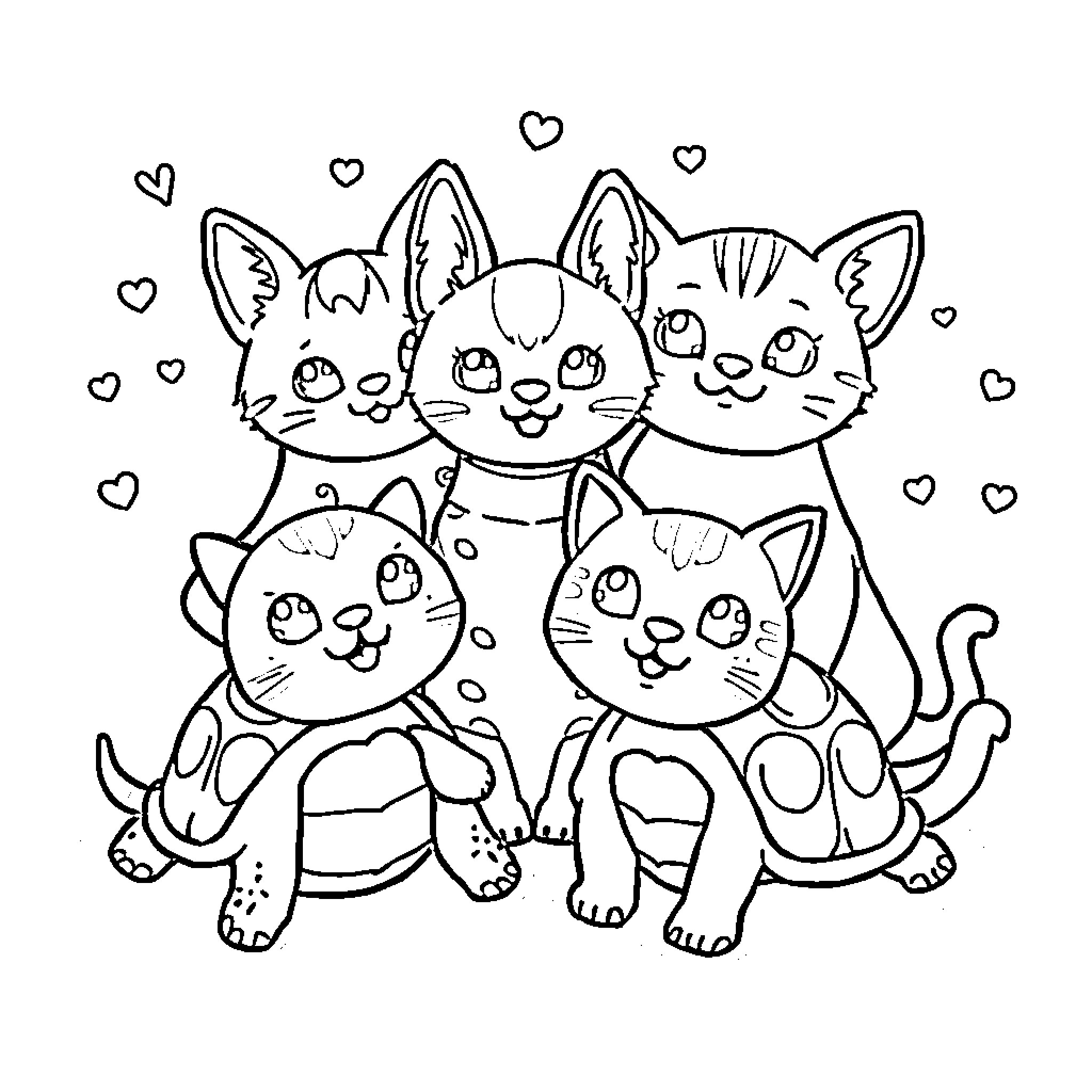 Turtle kittens playing with hearts around them Coloring Page (free black-and-white line drawing printable PDF for all, from beginners to advanced learners, including children, teens, adults, and seniors)