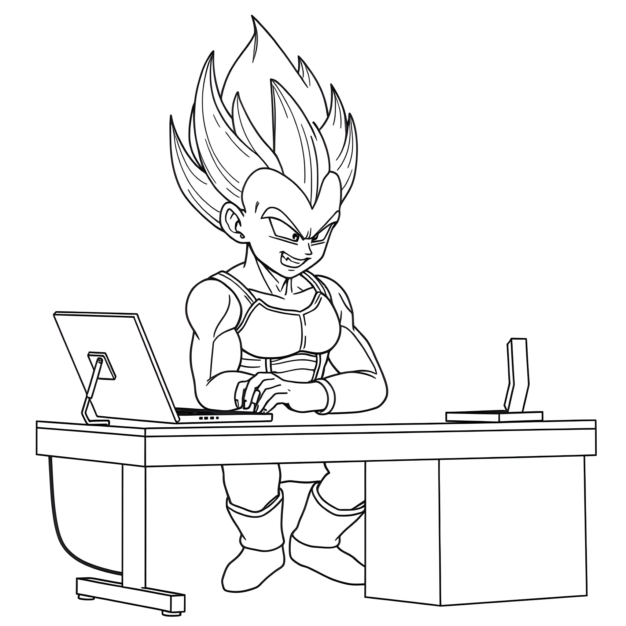 Vegeta Working Diligently at a Computer Coloring Page (free black-and-white line drawing printable PDF for all, from beginners to advanced learners, including children, teens, adults, and seniors)