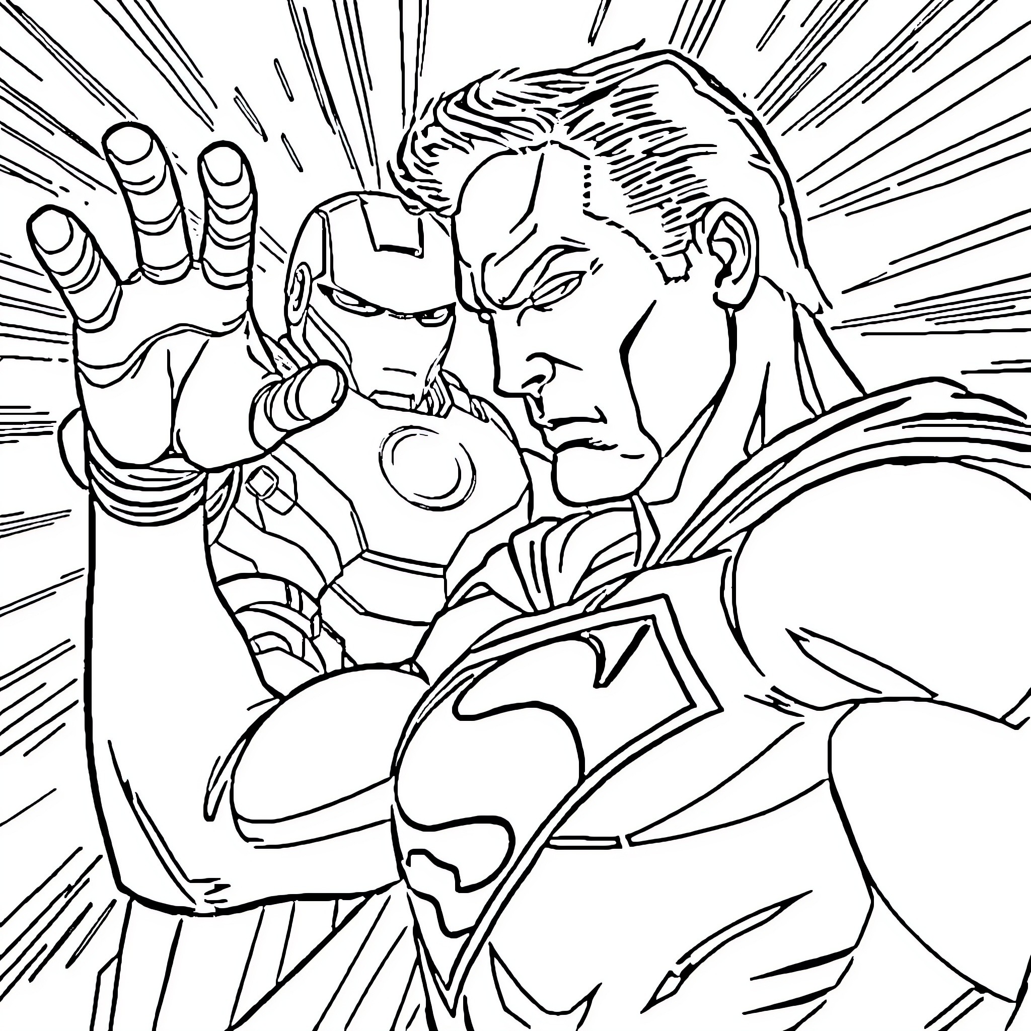 Superman's heroic battle in action Coloring Page (free black-and-white line drawing printable PDF for all, from beginners to advanced learners, including children, teens, adults, and seniors)