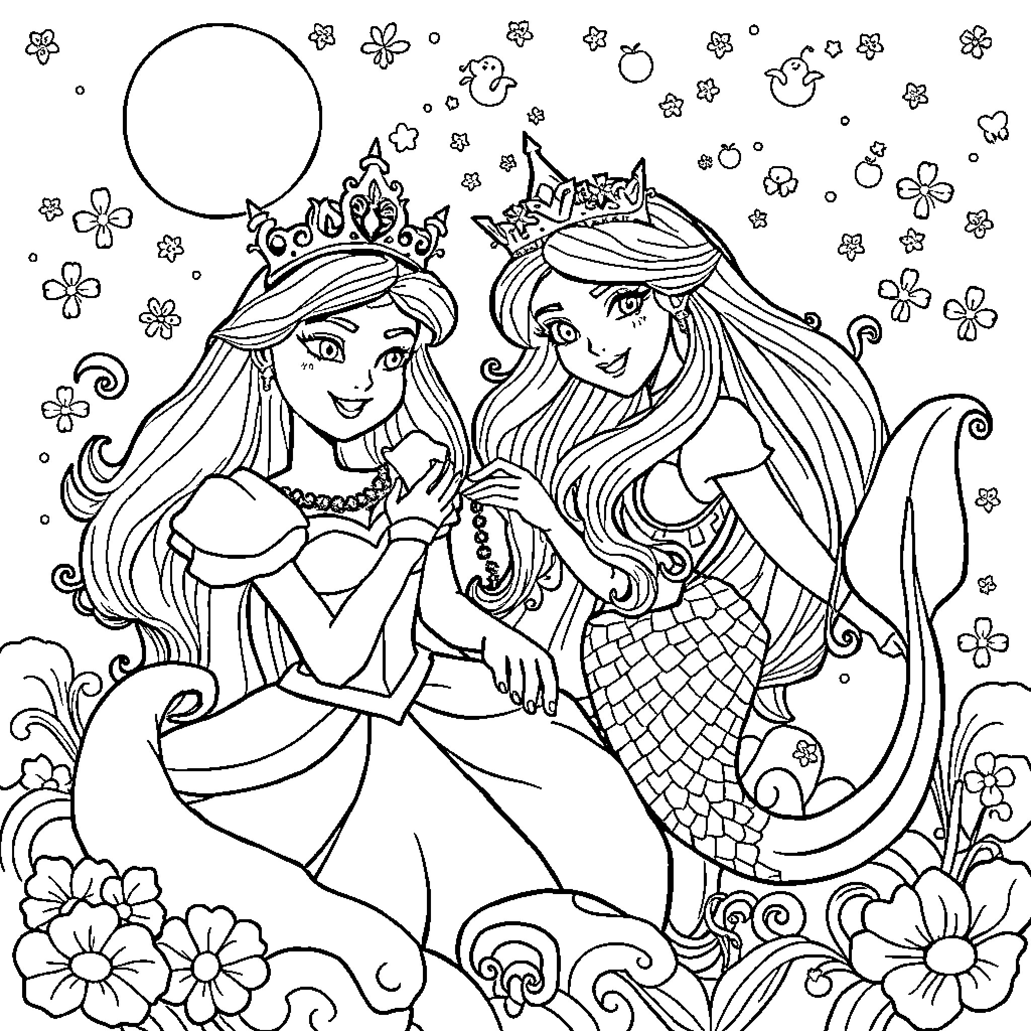 Princess Sisters Enchantment Adventure Coloring Page (free black-and-white line drawing printable PDF for all, from beginners to advanced learners, including children, teens, adults, and seniors)