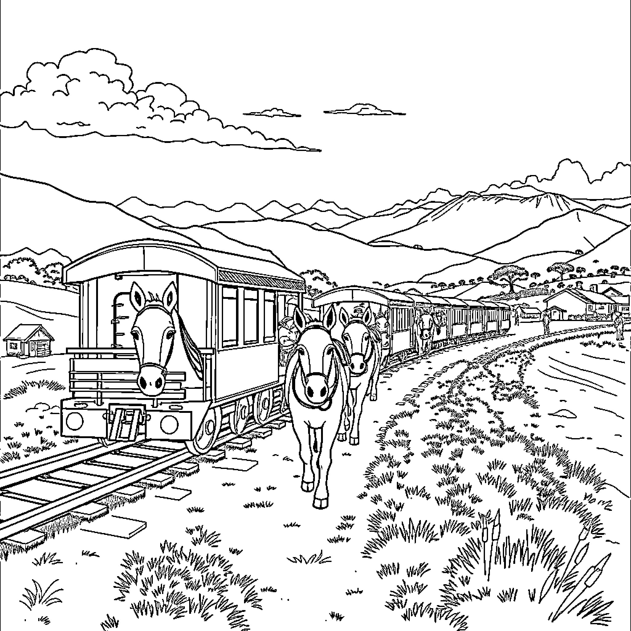 Mule-drawn train traversing scenic mountain landscape Coloring Page (free black-and-white line drawing printable PDF for all, from beginners to advanced learners, including children, teens, adults, and seniors)
