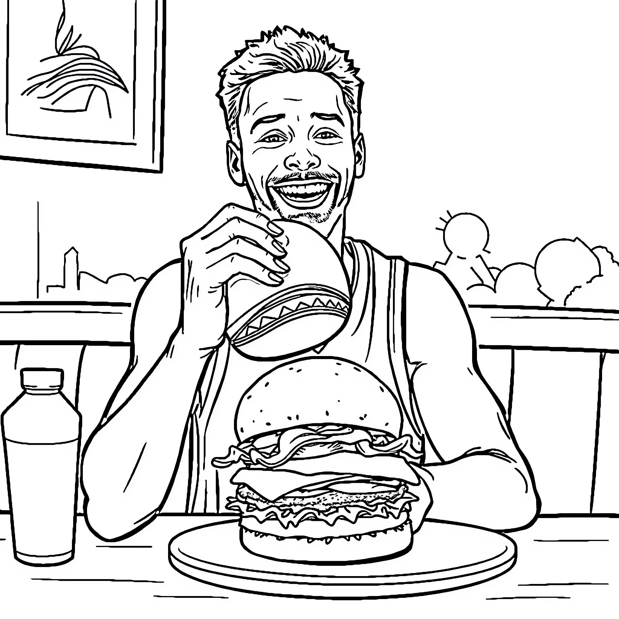 Stephen Curry Enjoying a Delicious Burger Coloring Page (free black-and-white line drawing printable PDF for all, from beginners to advanced learners, including children, teens, adults, and seniors)