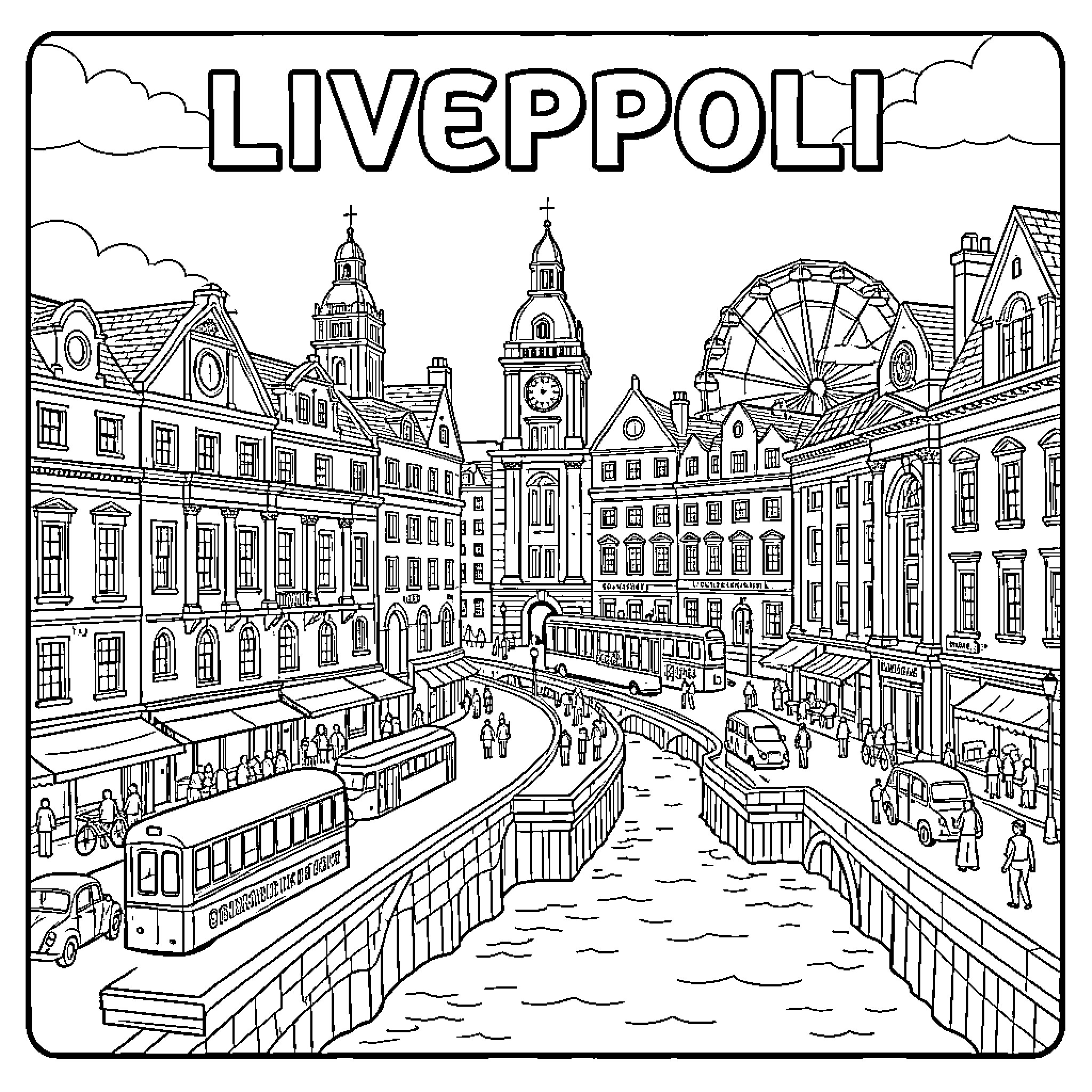 Liverpool cityscape with historic buildings and attractions Coloring Page (free black-and-white line drawing printable PDF for all, from beginners to advanced learners, including children, teens, adults, and seniors)