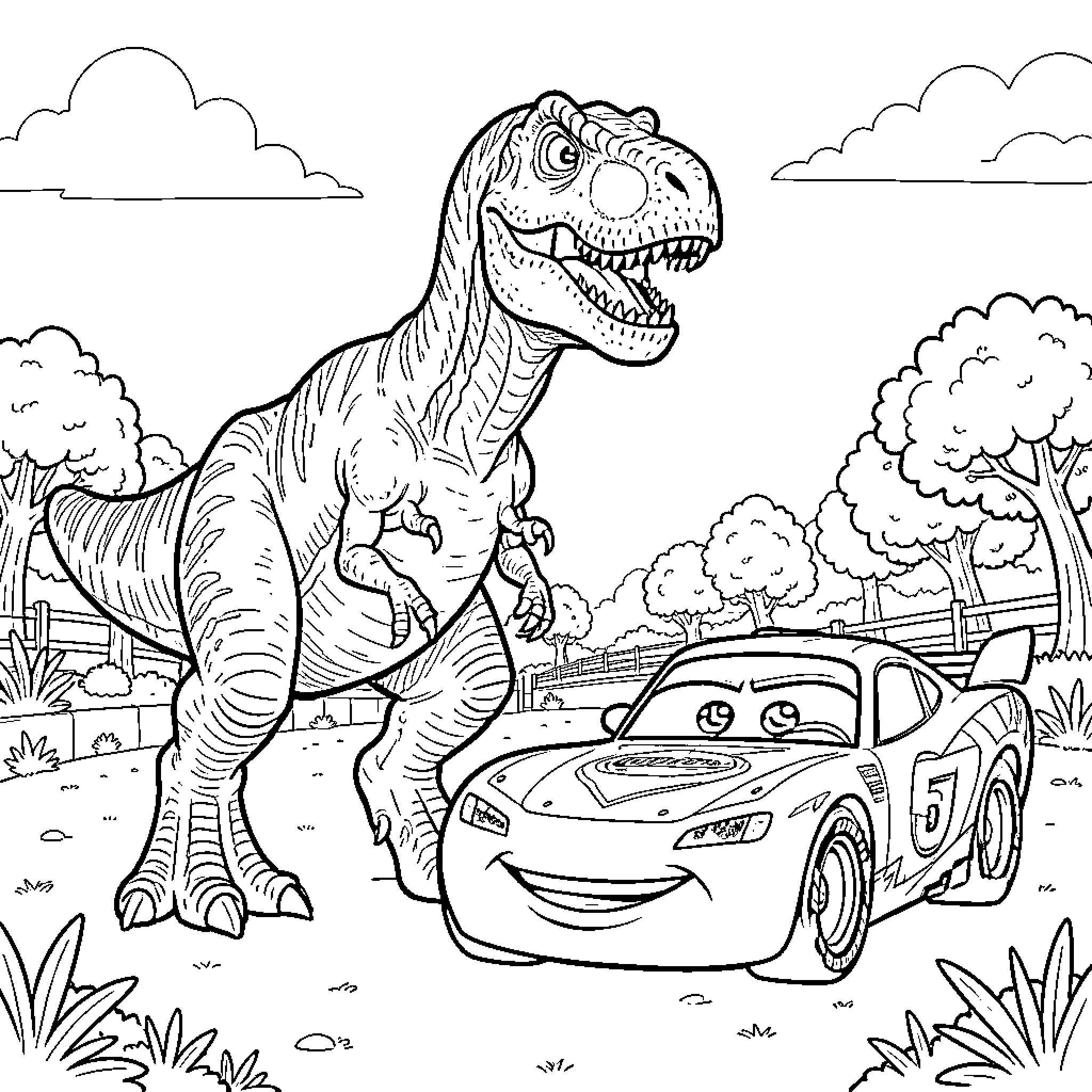 T-Rex Chasing Cartoon Car in Prehistoric Landscape Coloring Page (free black-and-white line drawing printable PDF for all, from beginners to advanced learners, including children, teens, adults, and seniors)
