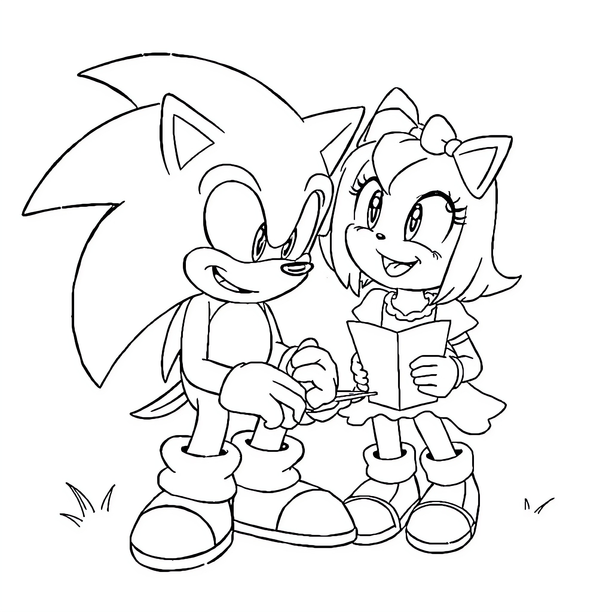 Sonic and Amy enjoying a moment together Coloring Page (free black-and-white line drawing printable PDF for all, from beginners to advanced learners, including children, teens, adults, and seniors)