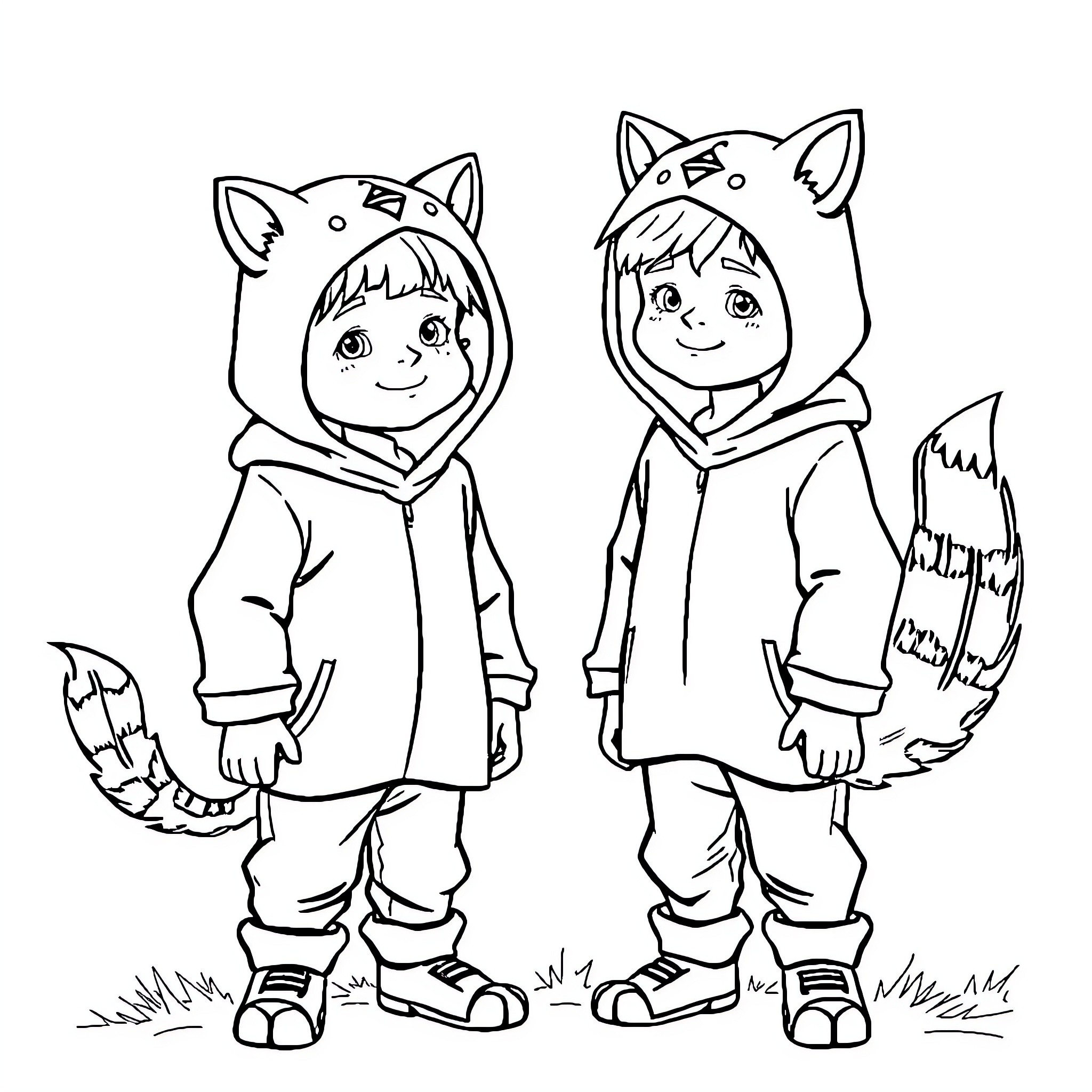 Loup kids in cute animal costumes playing together Coloring Page (free black-and-white line drawing printable PDF for all, from beginners to advanced learners, including children, teens, adults, and seniors)