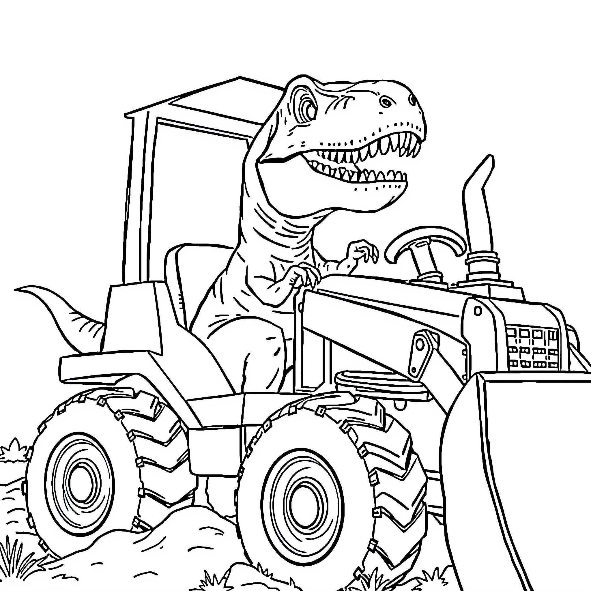 T-Rex operating heavy machinery on a construction site Coloring Page (free black-and-white line drawing printable PDF for all, from beginners to advanced learners, including children, teens, adults, and seniors)